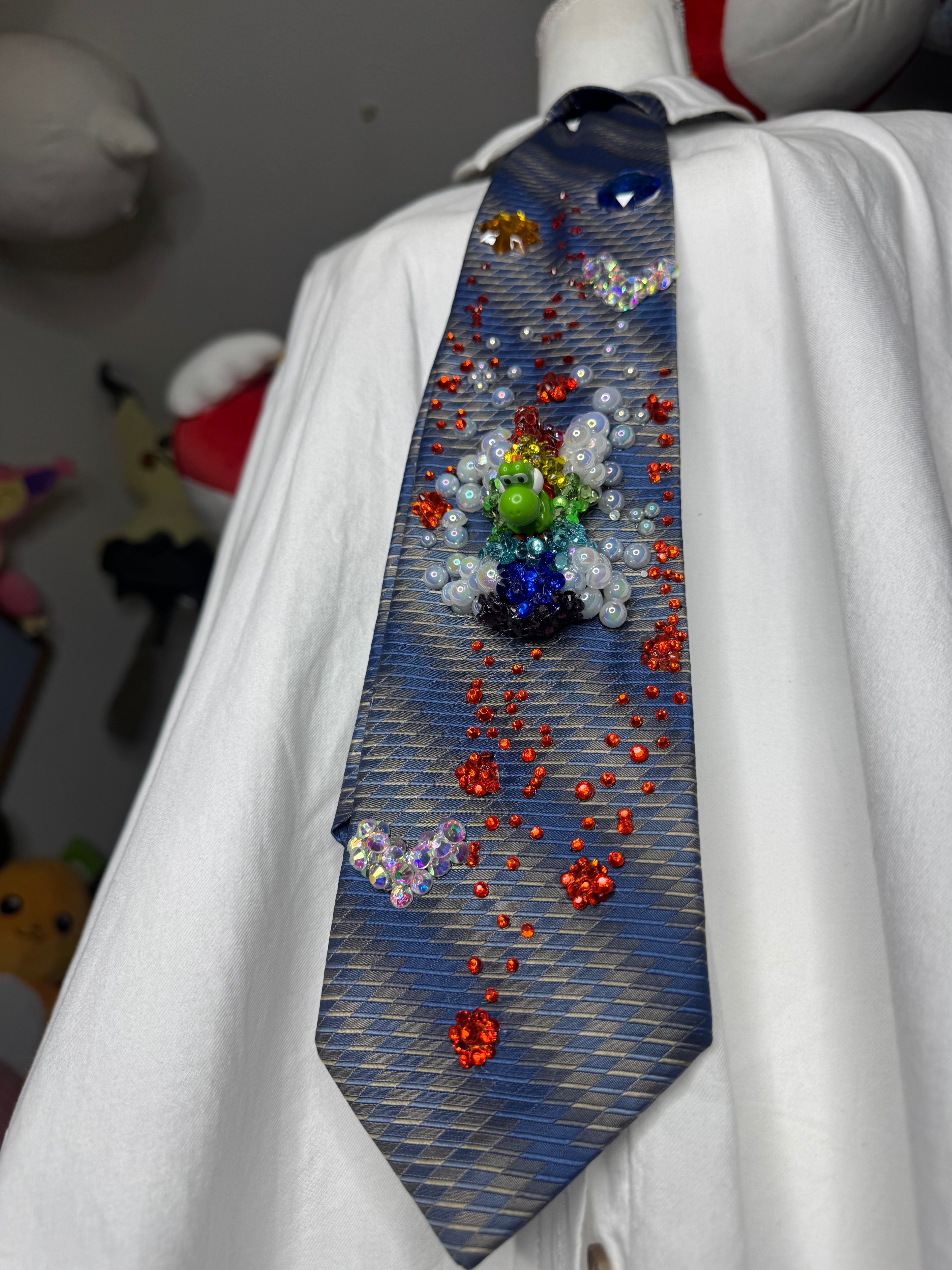 Navy Blue and Grey Yoshi Activating Star Power Near Fireballs Mario Kart Tie
