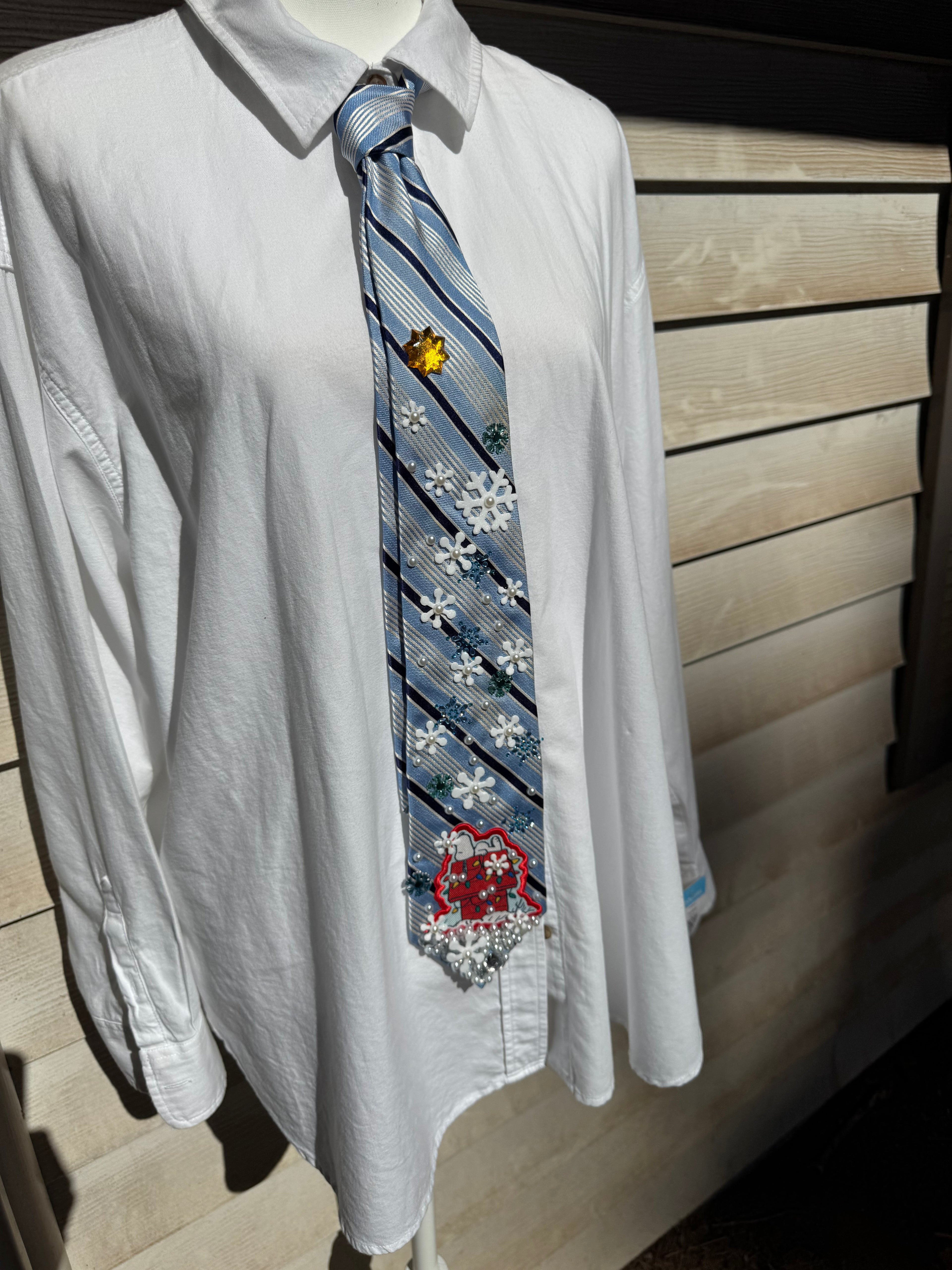 Light Blue Striped Snoopy in Winterland Christmas Tie