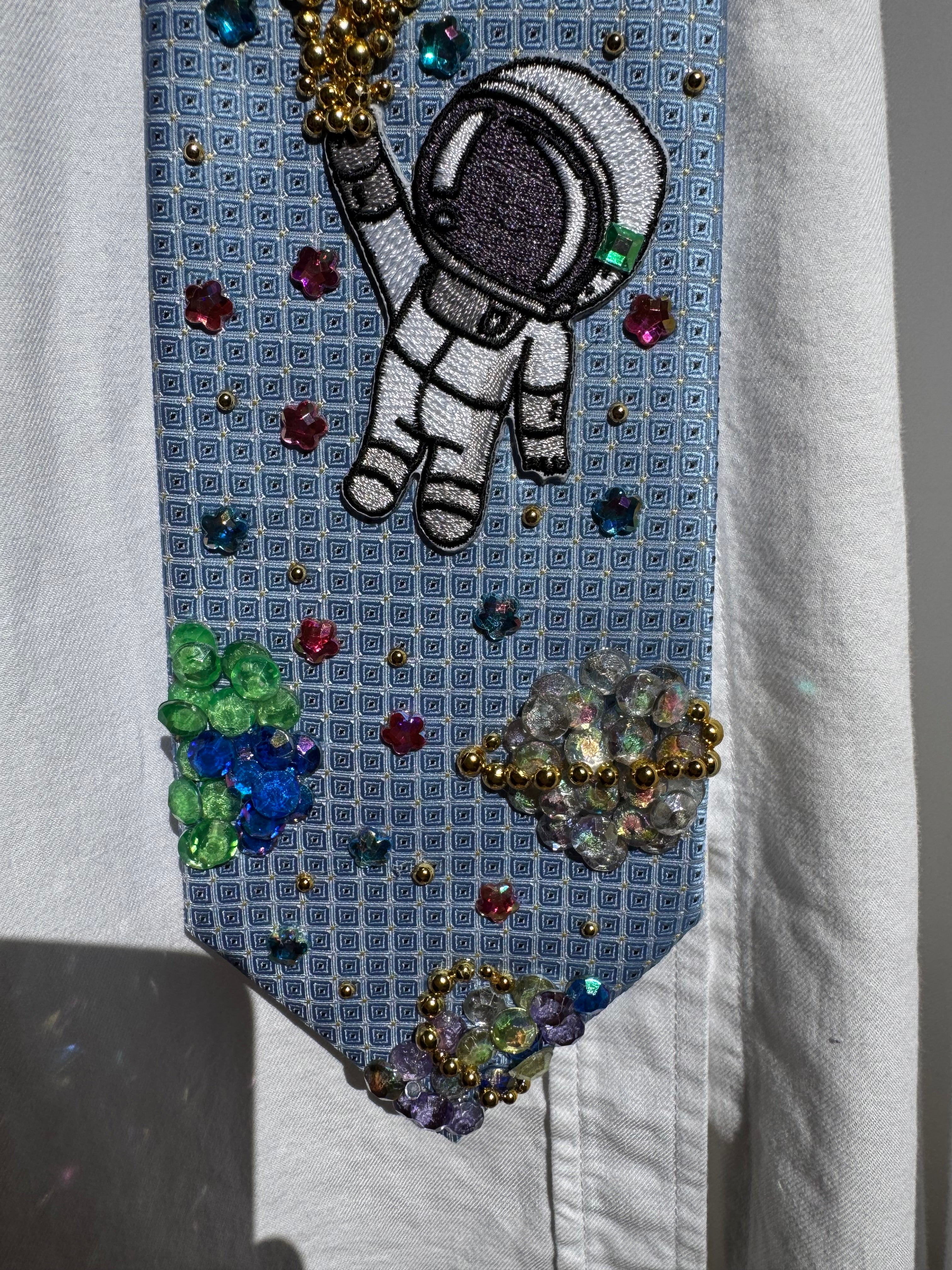 Light Blue Astronaut Kid Holding Bunch of Balloons Space Royalty Tie