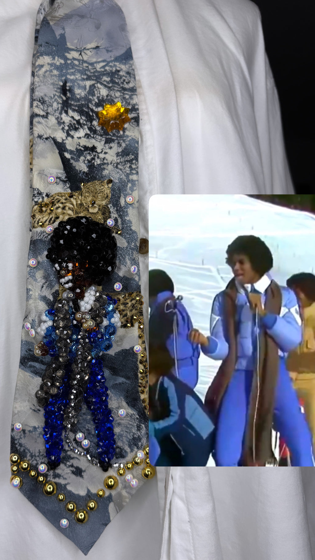 Light Blue Snow Printed Michael Jackson Hitting Hip Shimmy Performing “Blame it on the Boogie” Live in Switzerland Jackson 5 1978 Tie