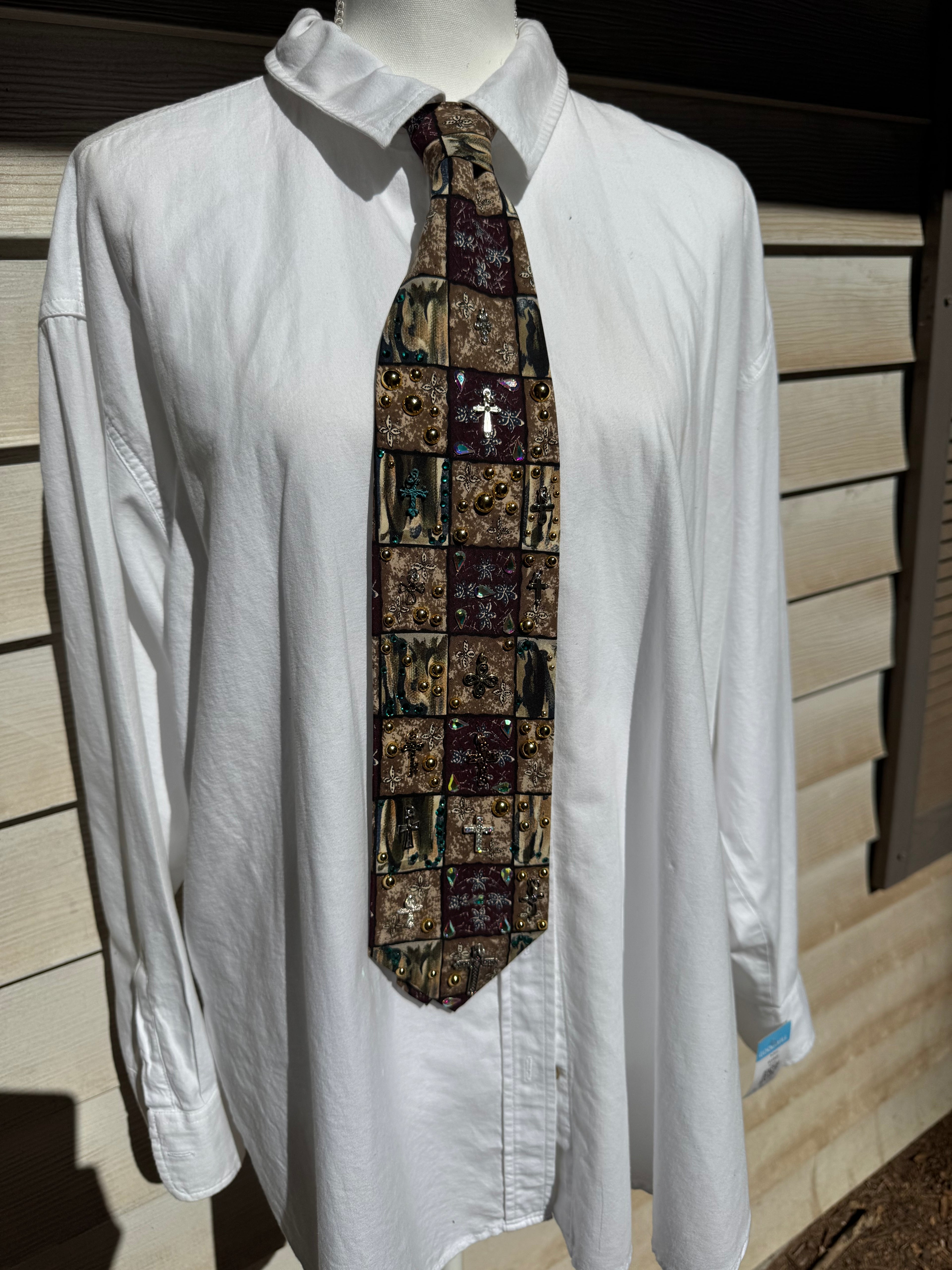 Beige and Burgundy Checkered Winter Time Crosses Christmas Church Tie