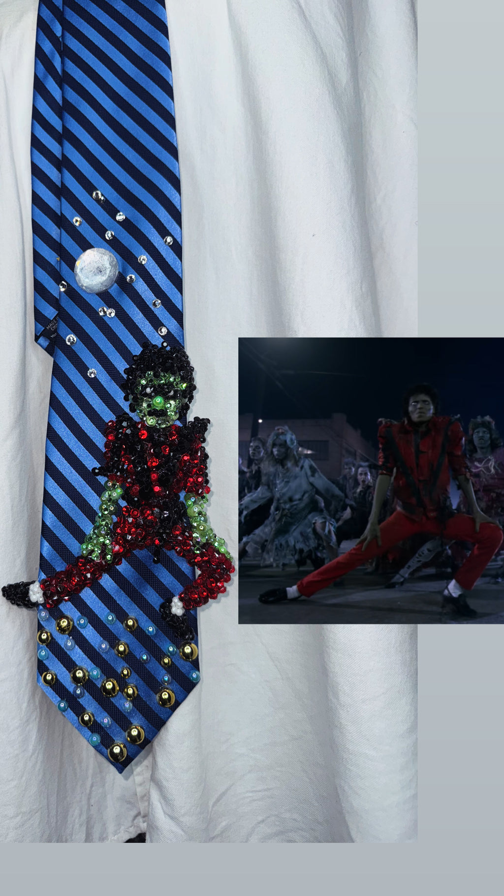Two Tone Blue Striped Zombie Michael Jackson Hitting Low Leg Slide Move In Thriller Short Film Tie