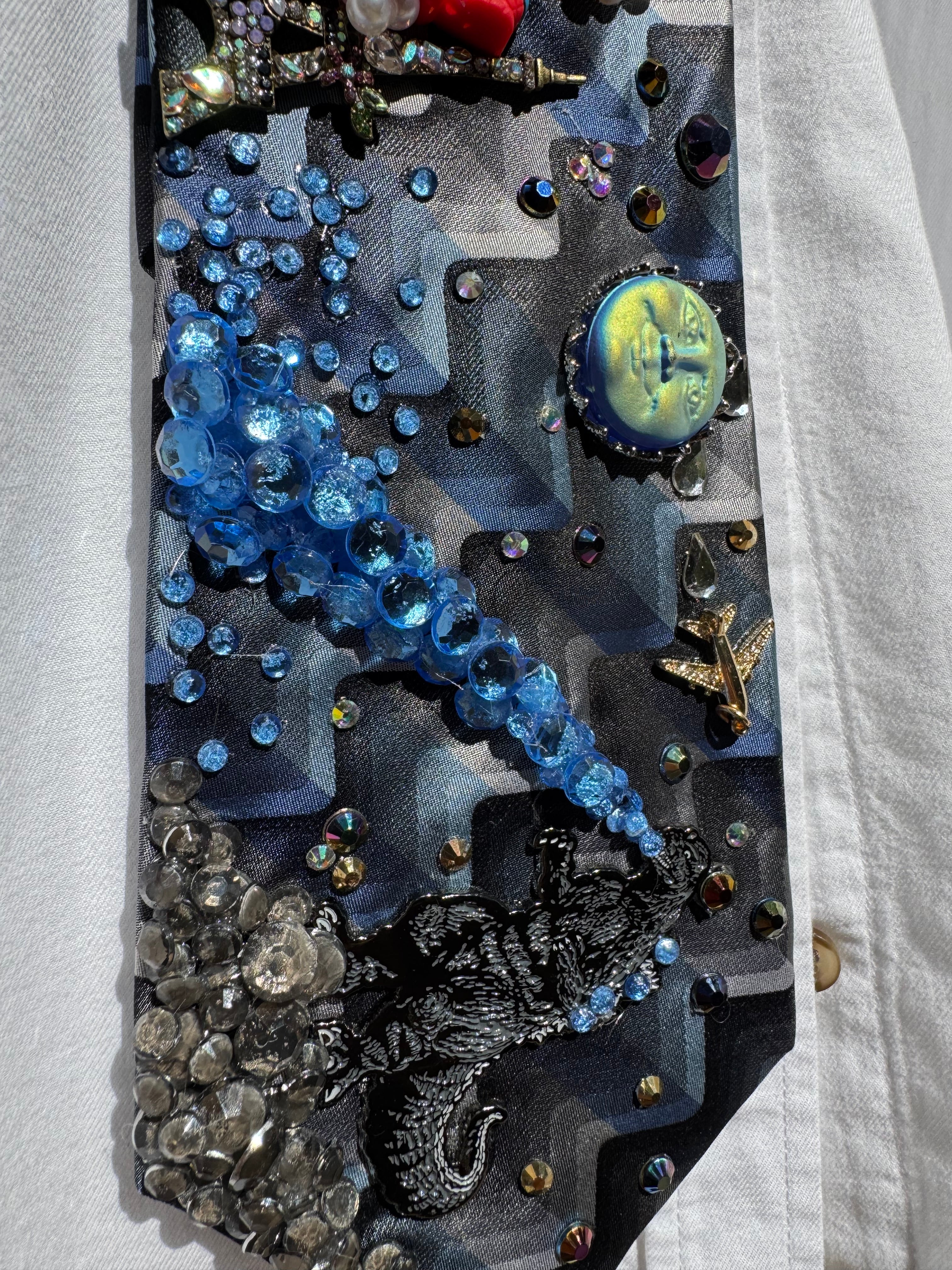 Navy Blue and Grey Wavy Spiderman Saving Paris France from Supercharged Godzilla Tie