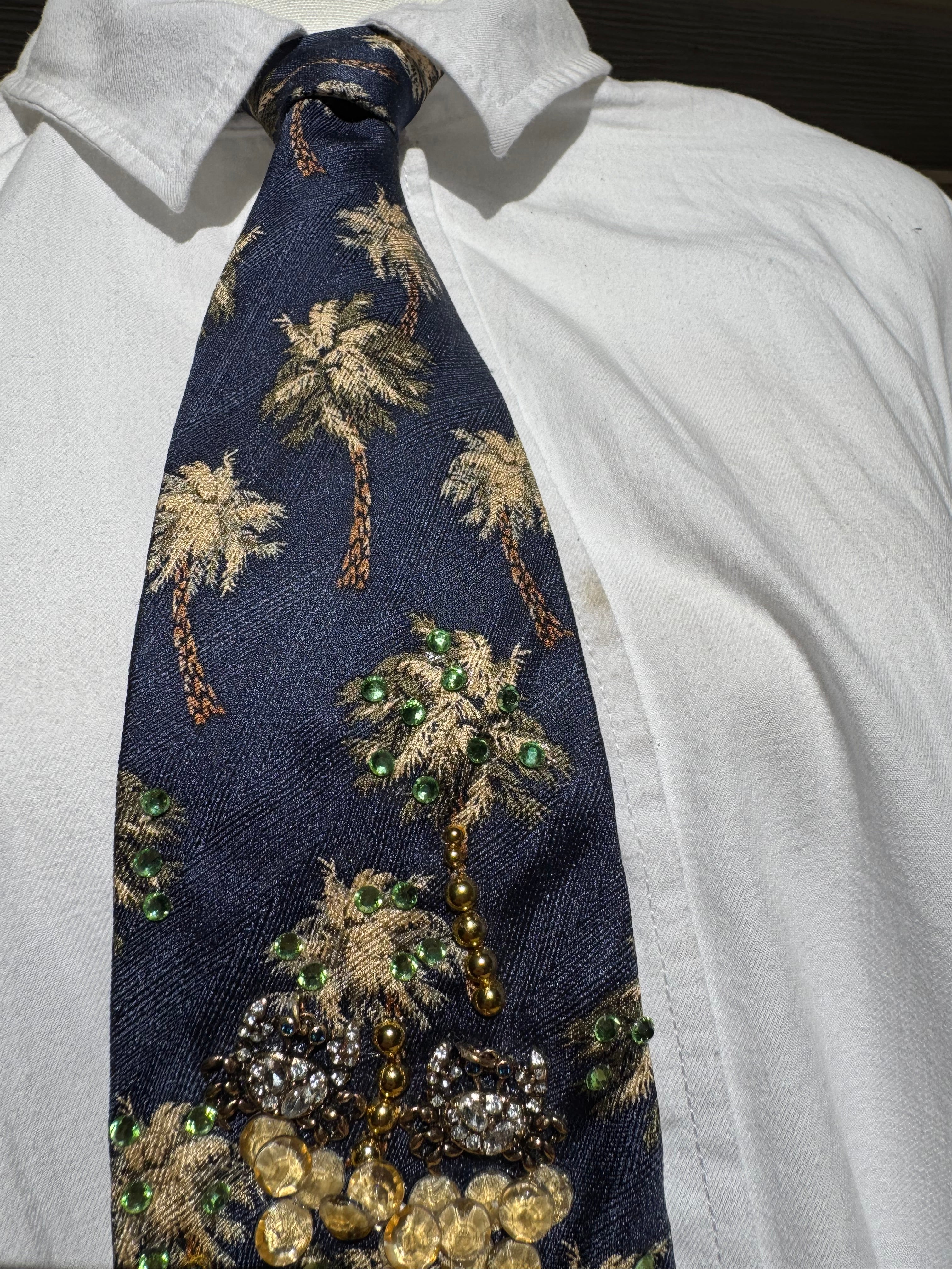 Navy Blue Palm Trees Tropical Royalty Nature Tie