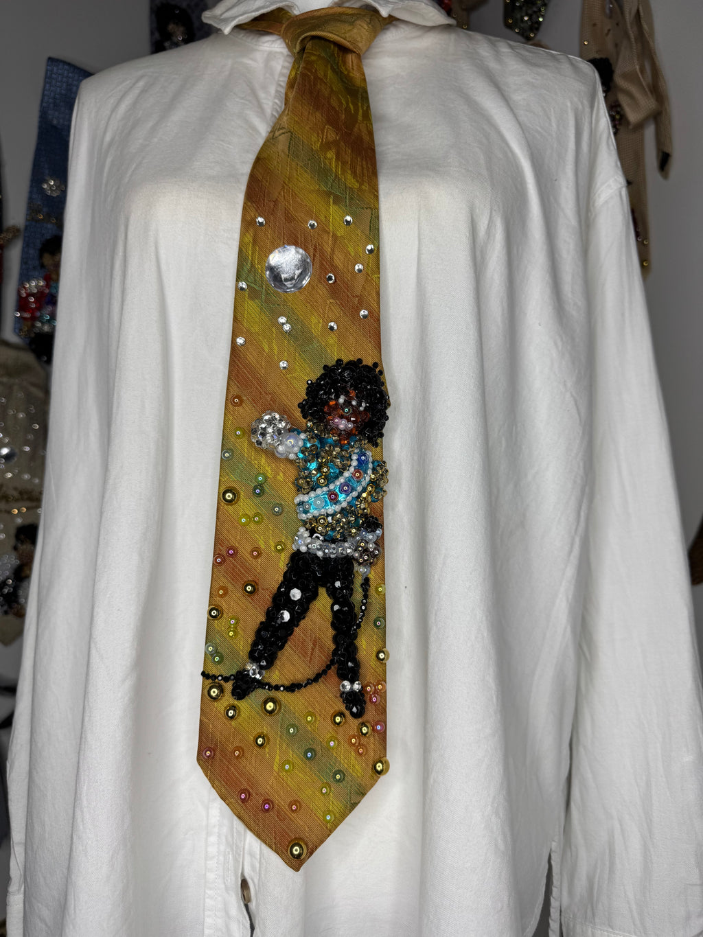 Multicolored Striped Michael Jackson Light Blue and Gold Fist Out Pose Victory Tour 1984 Tie