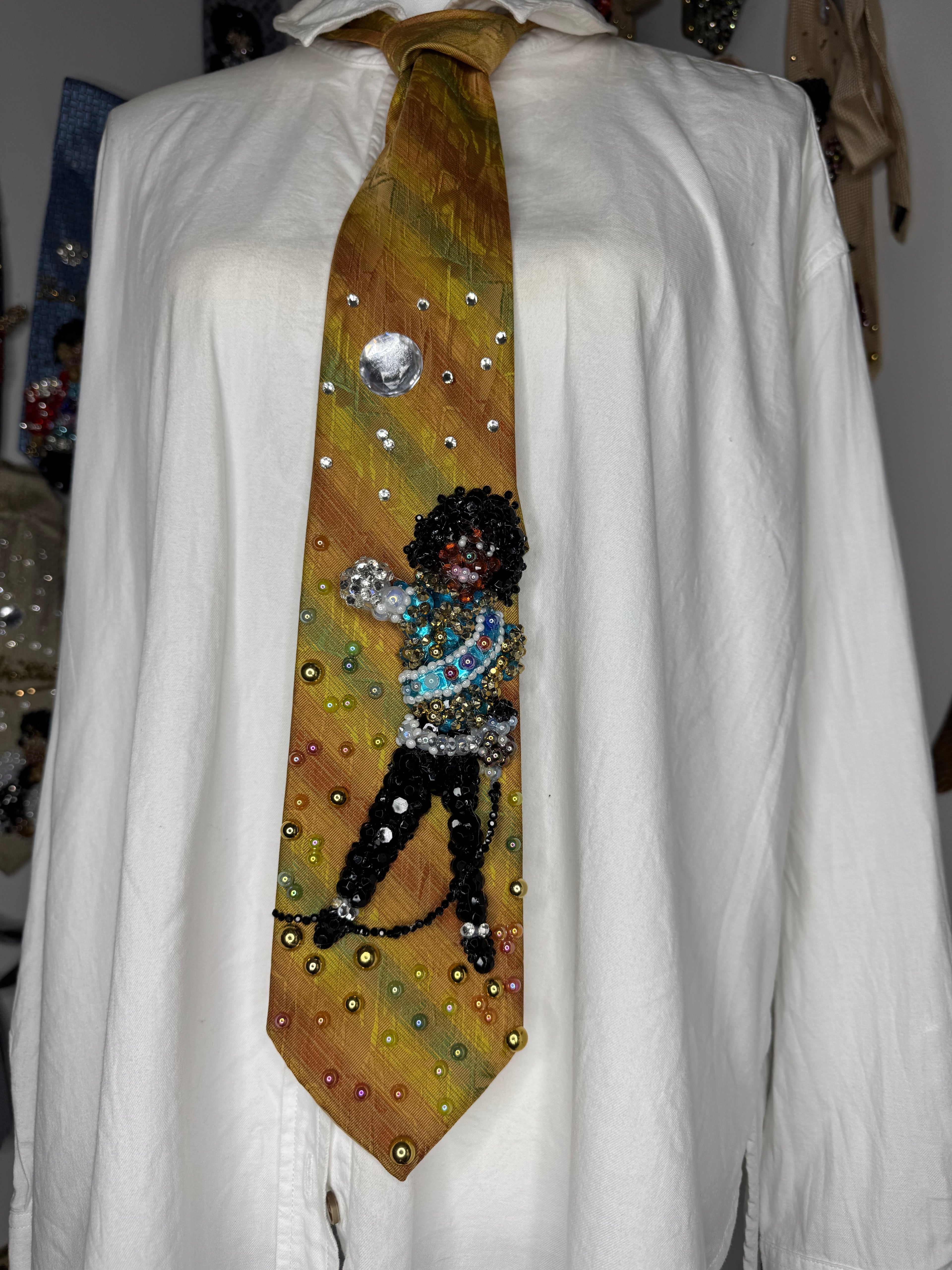 Multicolored Striped Michael Jackson Light Blue and Gold Fist Out Pose Victory Tour 1984 Tie