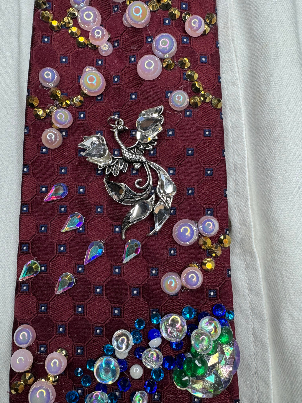 Burgundy Silver Phoenix Cherry Blossoms Nature Royalty Tie