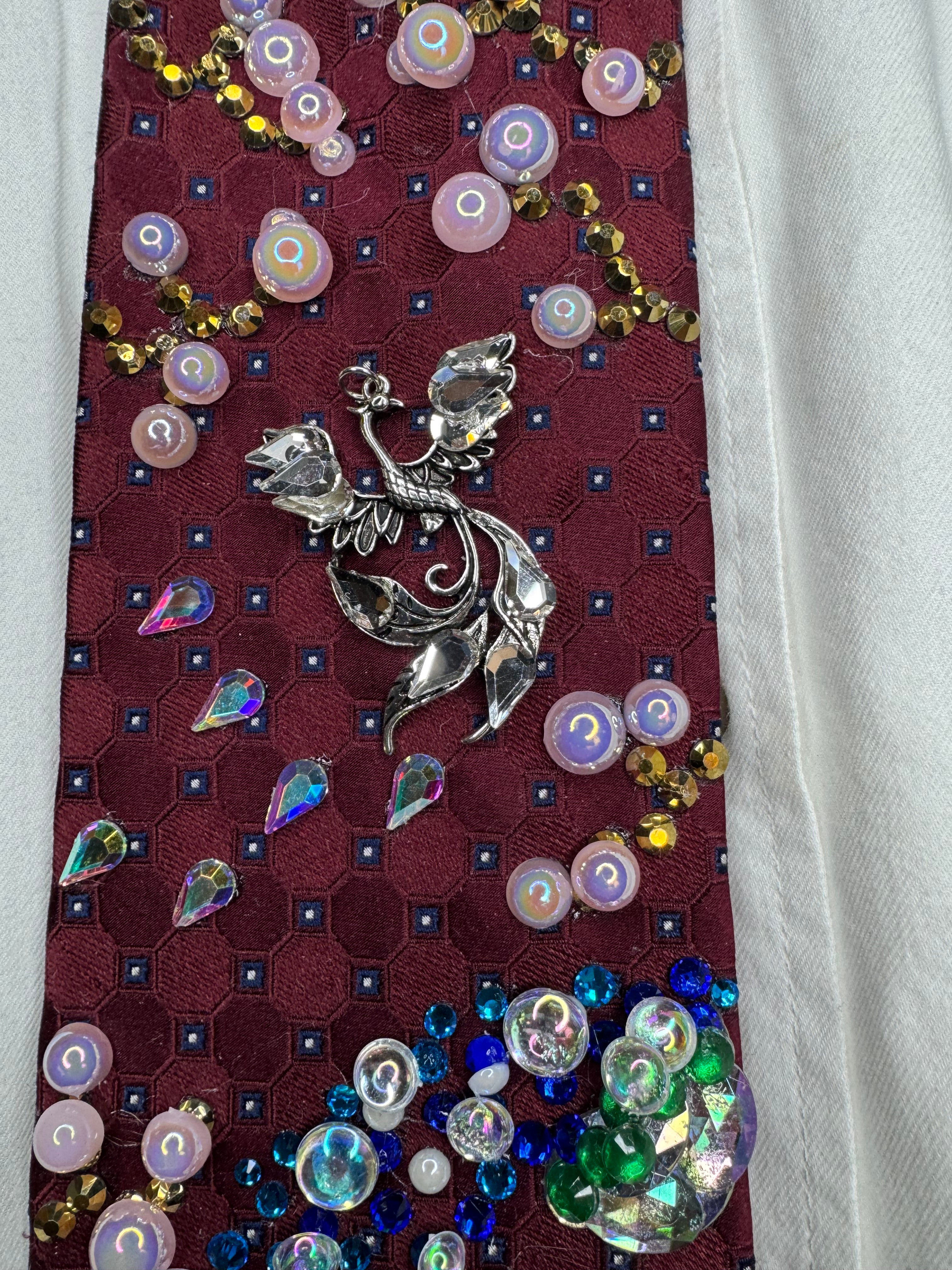 Burgundy Silver Phoenix Cherry Blossoms Nature Royalty Tie