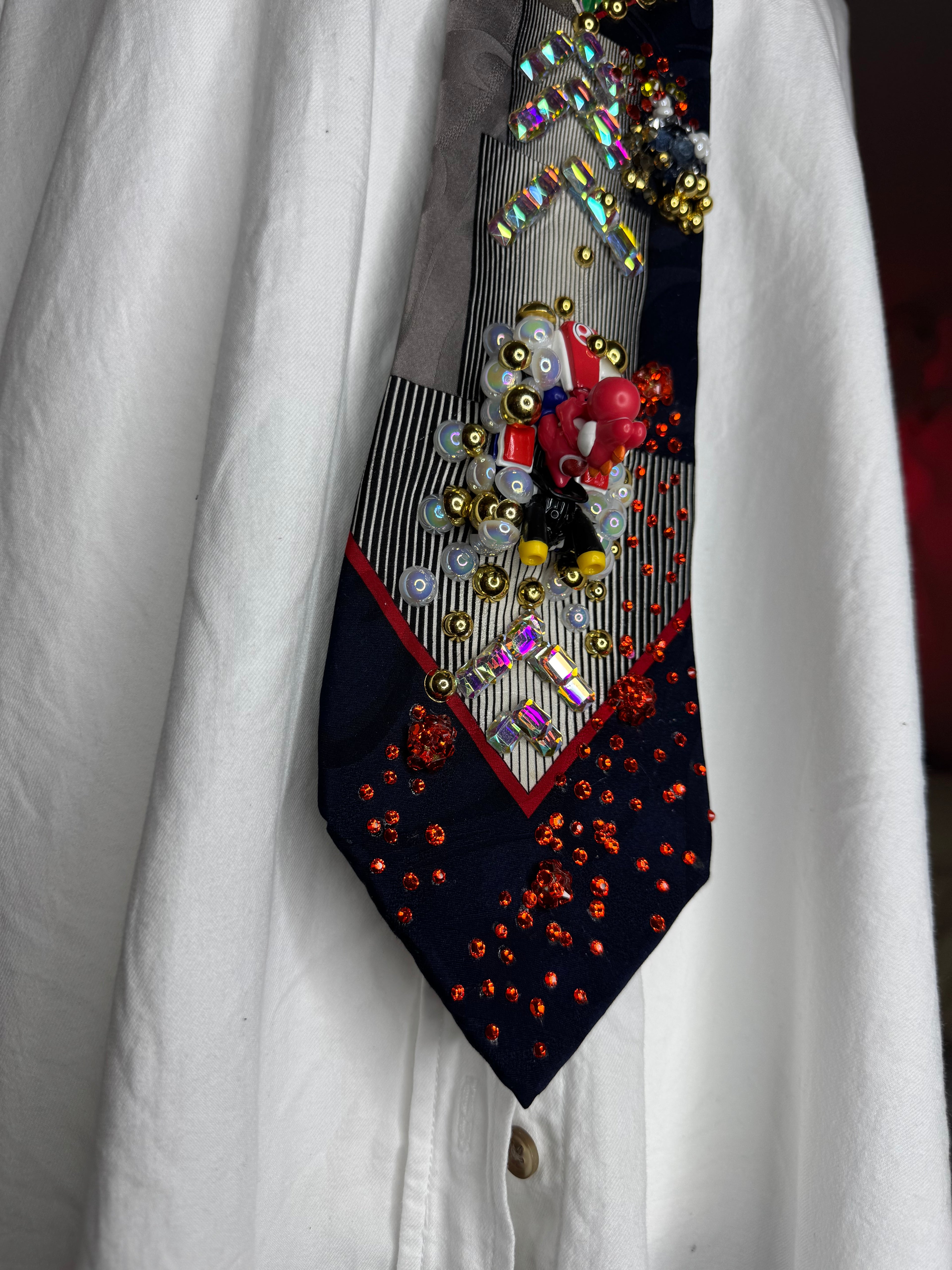 Navy Blue and Grey Red Yoshi Throwing Bobomb Down Escalator Track 200cc Mario Kart Tie