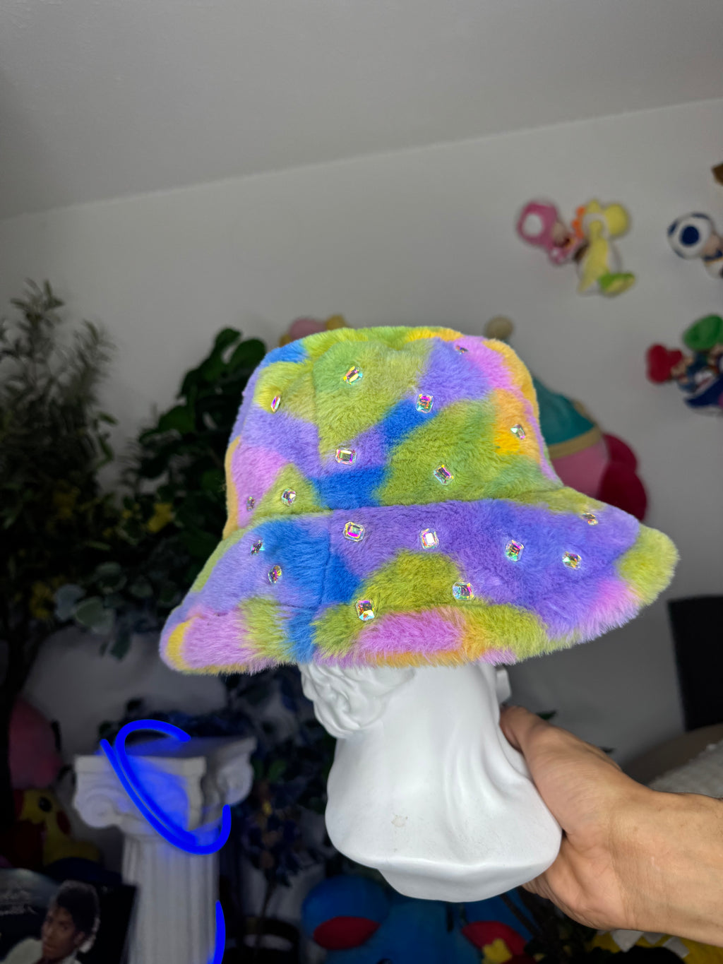 Marbled Neon Multicolored Fur Bucket Baguette Hat