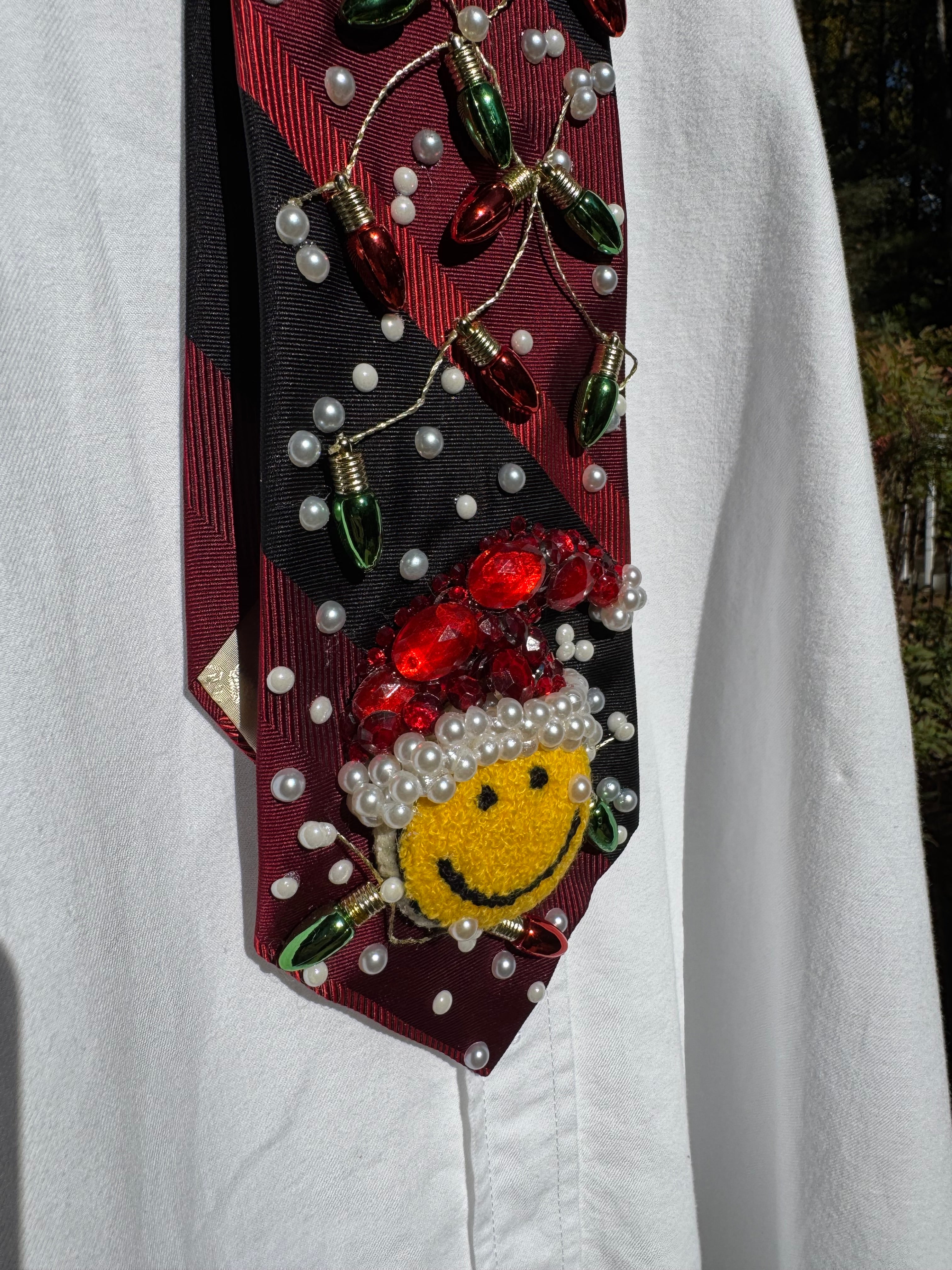 Red and Black Striped Smiley Santa Face Christmas Tie