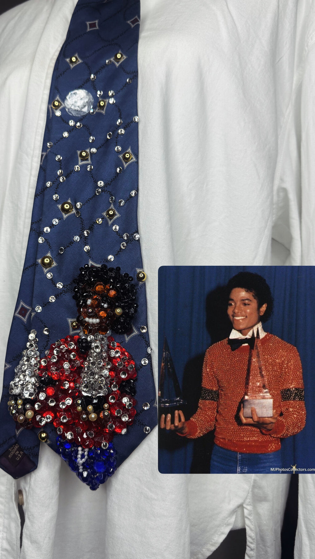 Navy Blue Michael Jackson Holding AMA Trophies 1981 OTW Era Tie