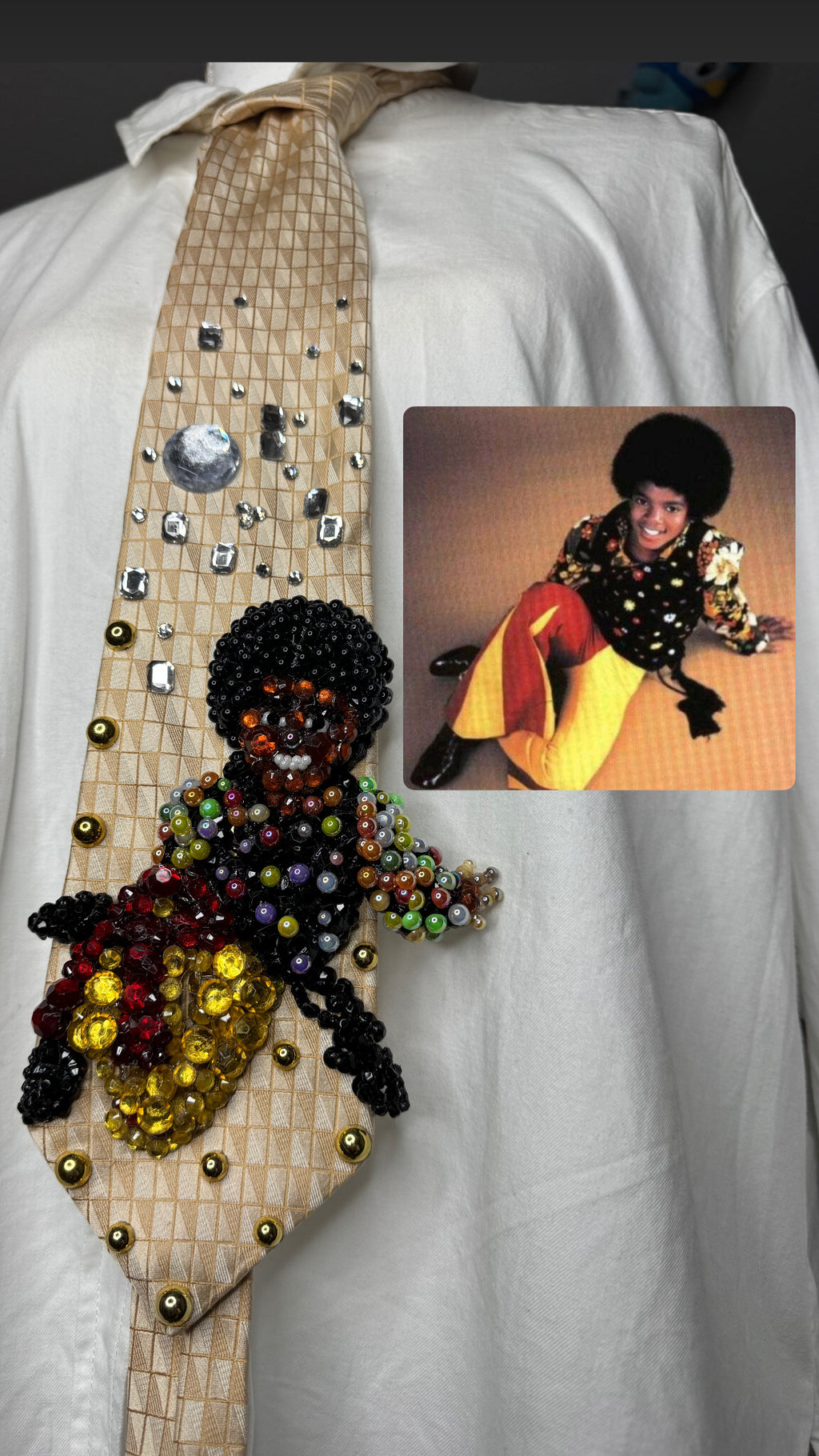 Light Gold Young Michael Jackson Floral Polo and Bell Bottoms Posing on Floor Photoshoot 1971 Tie