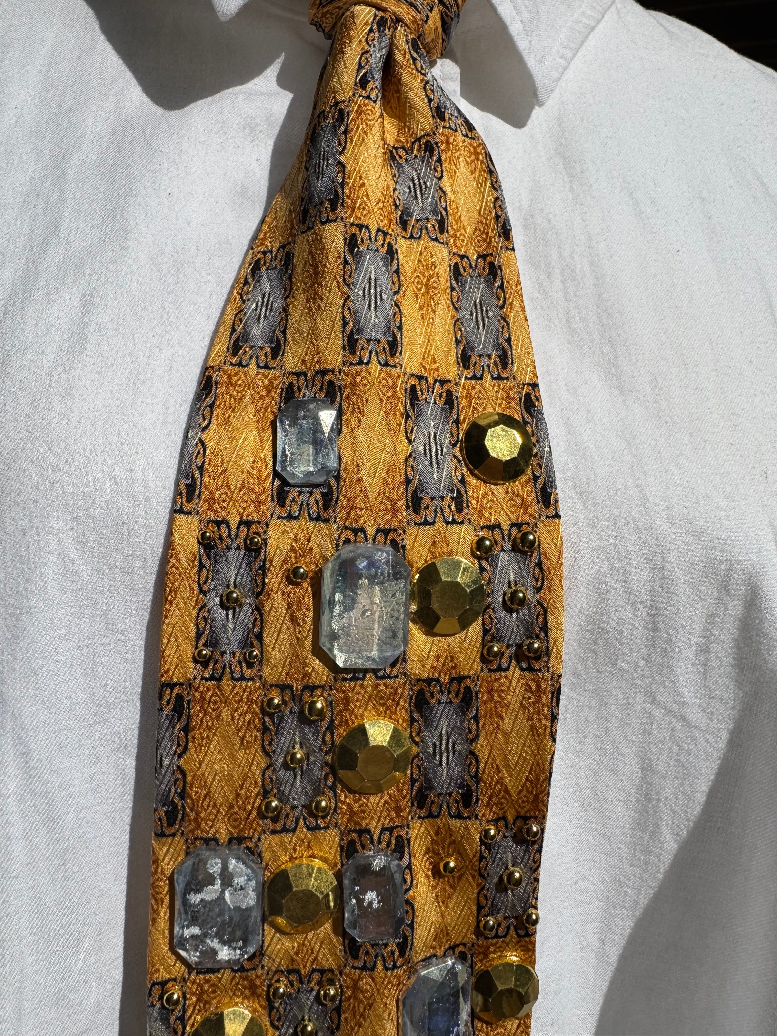 Gold and Grey Checkered Renaissance High Class Royalty Tie