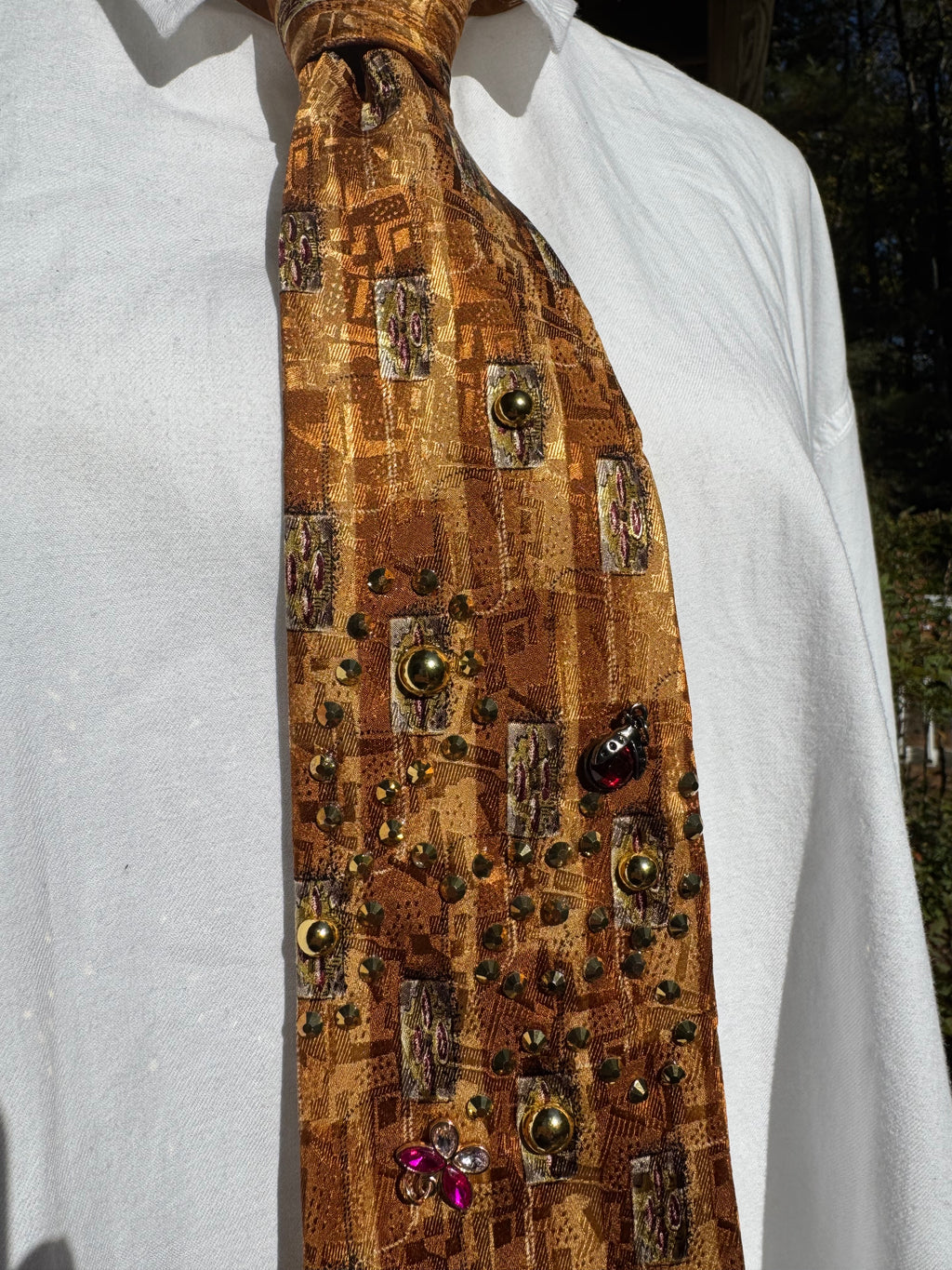Gold Tree Bark Humming Bird and Insects Nature Royalty Tie