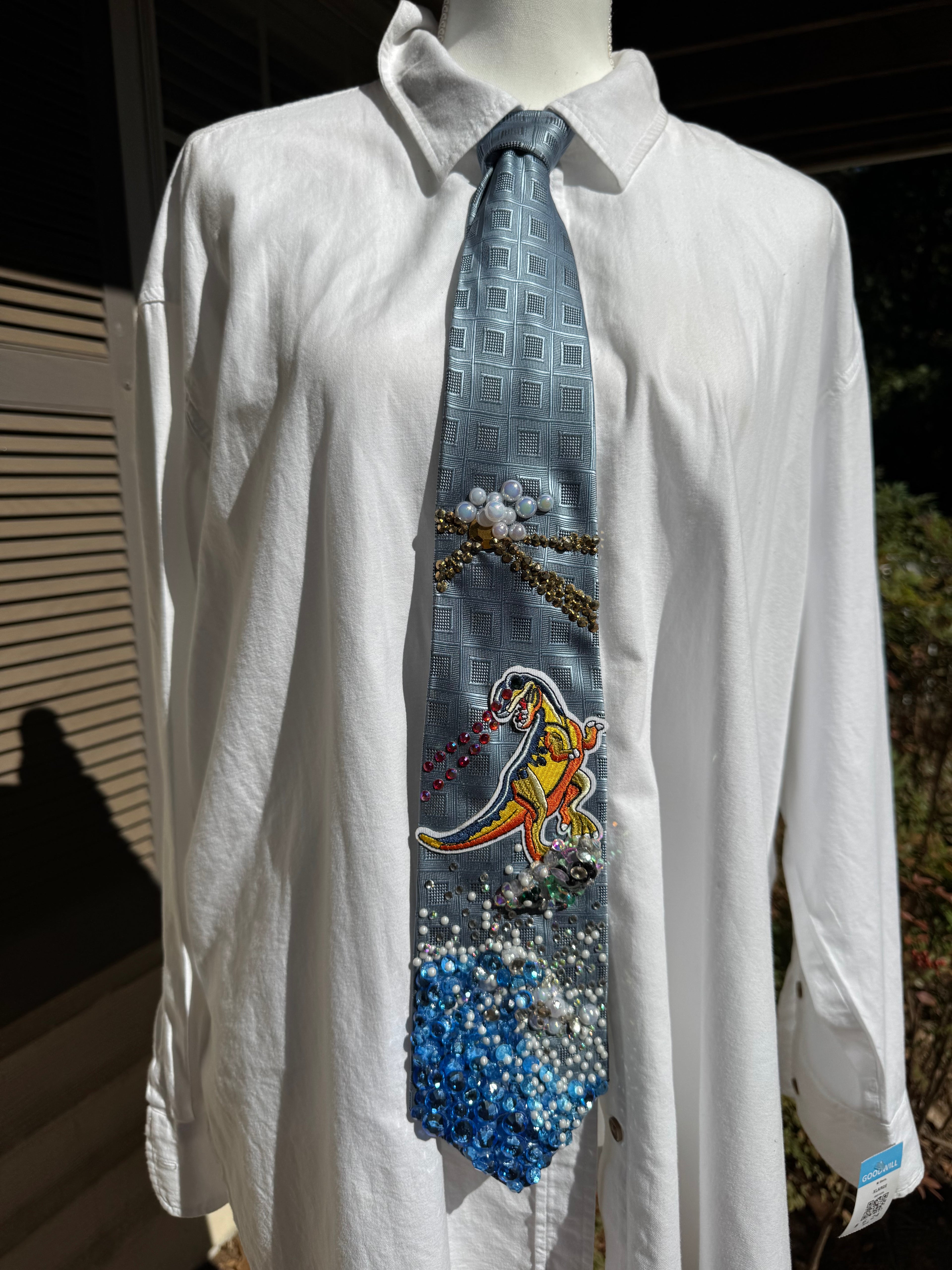 Light Blue Trex With Laser Eyes Surfing Dinosaur Nautical Tie