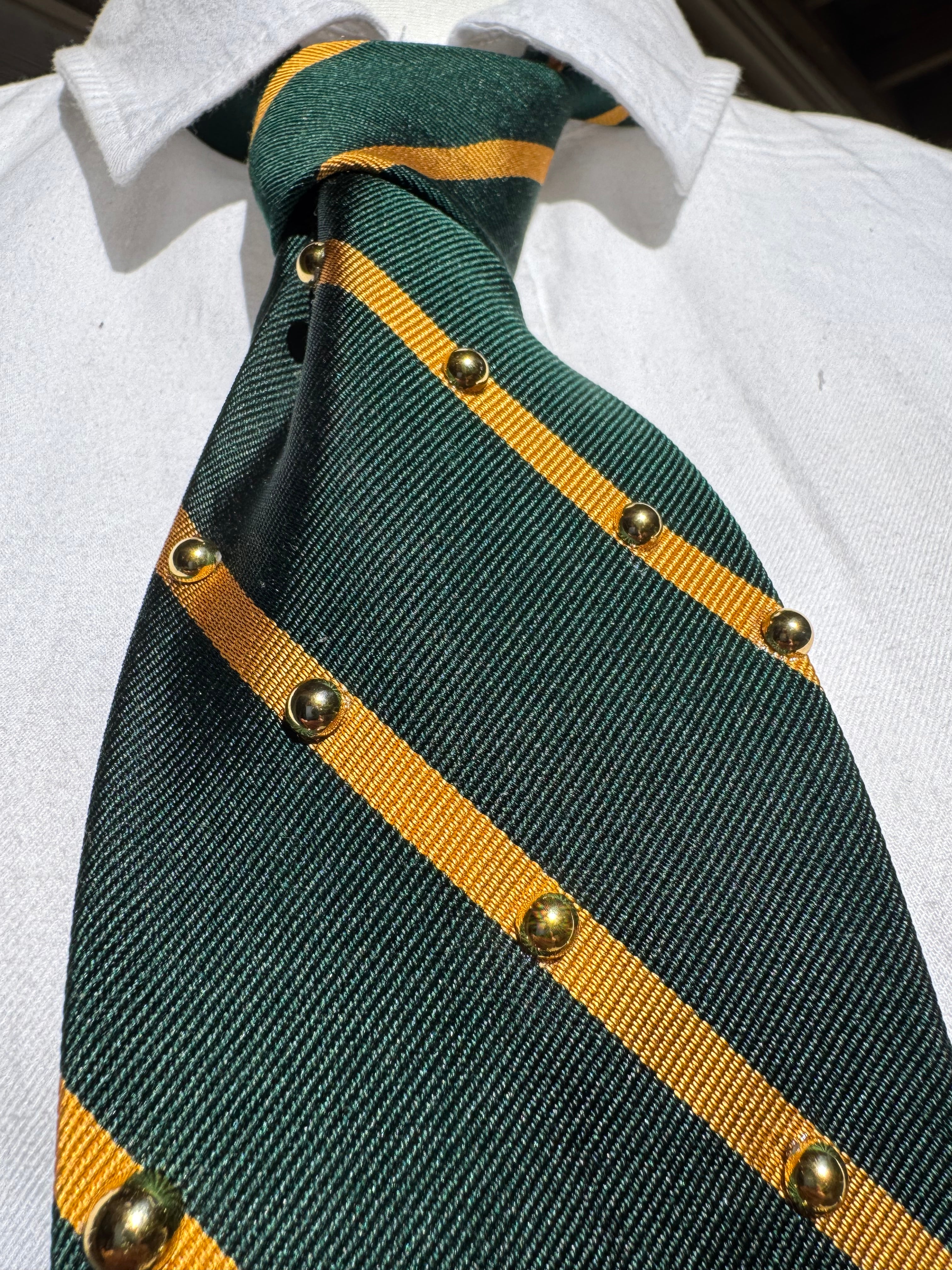 Ivory Green and Gold Striped Mad Jaguar Royalty Nature Tie