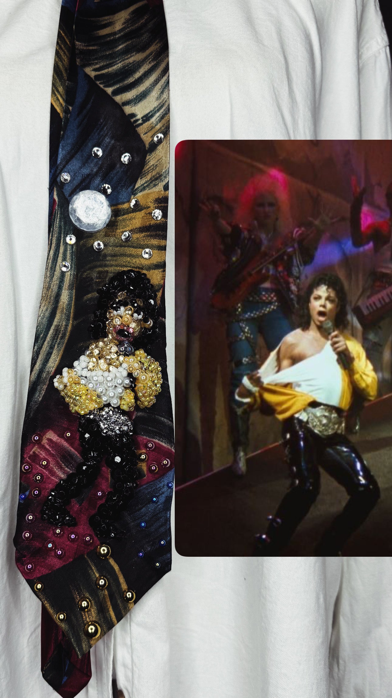 Multicolored Marbled Michael Jackson Throwing Shirt & Jacket Back in Come Together Music Video Tie