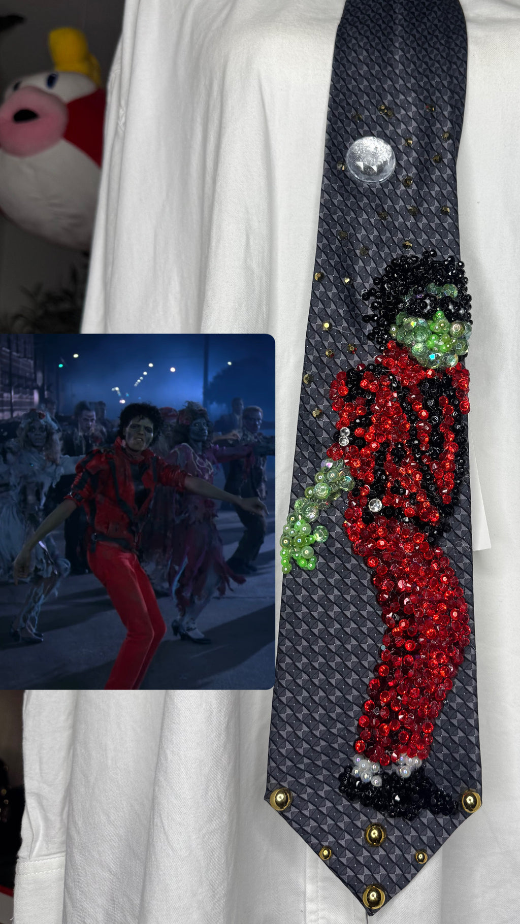 Grey Michael Jackson Zombie Face Hitting The Start of Dance Routine For Thriller Music Video Tie