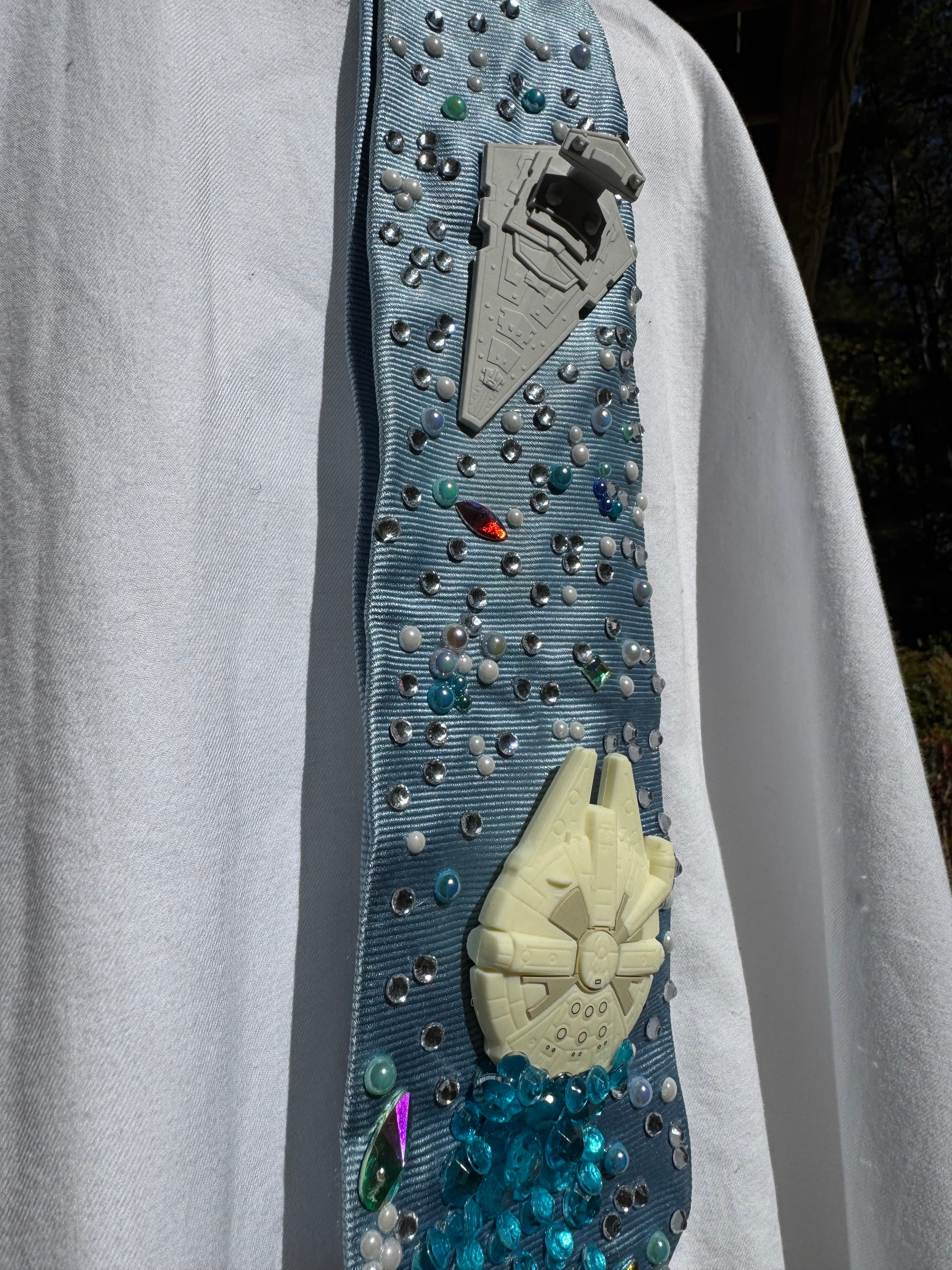 Light Blue Millineium Falcon Flying Towards Star Destroyer Star Wars Tie