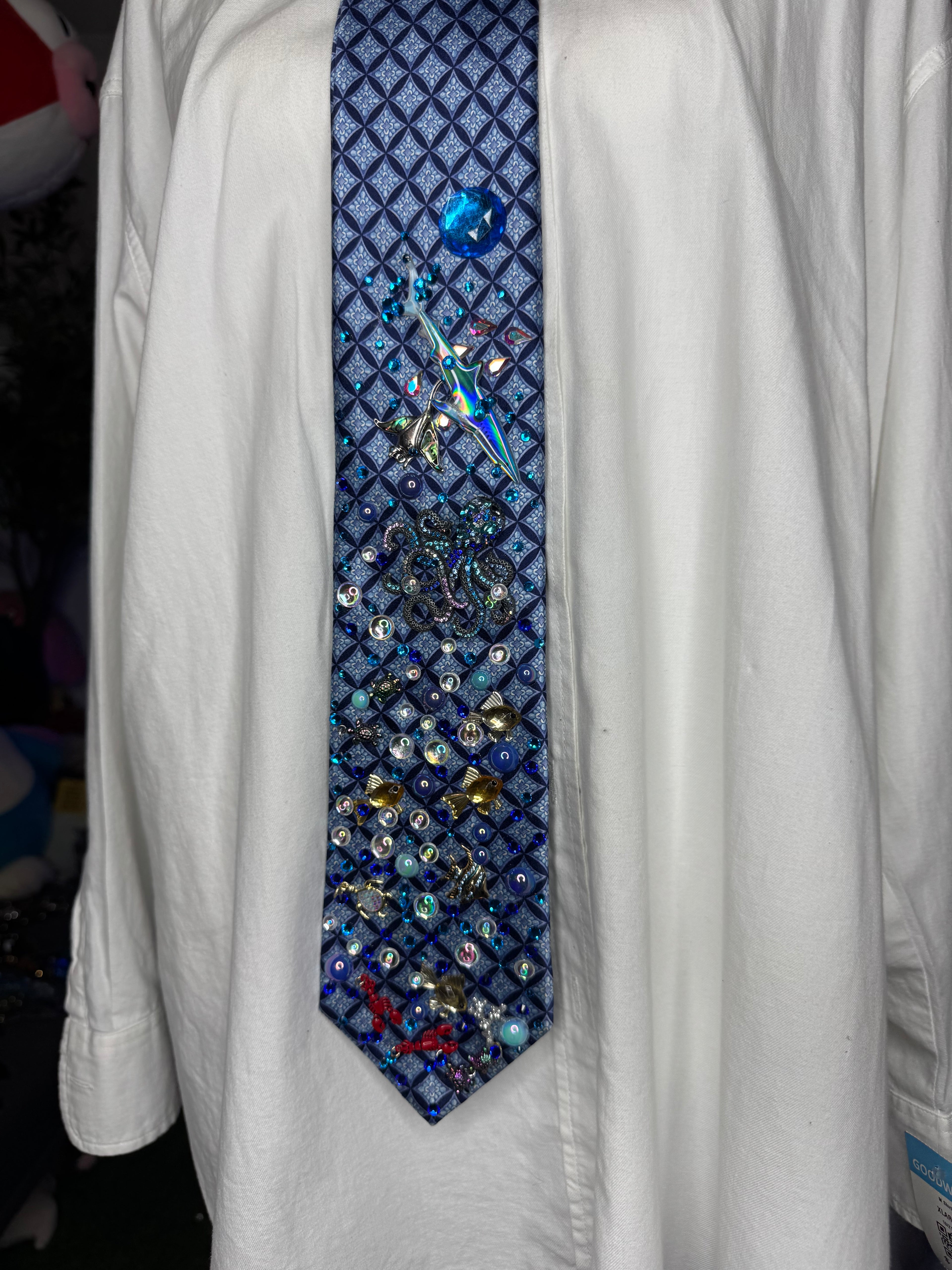 Light Blue Checkered Ocean Floor Aquatic Nature Tie