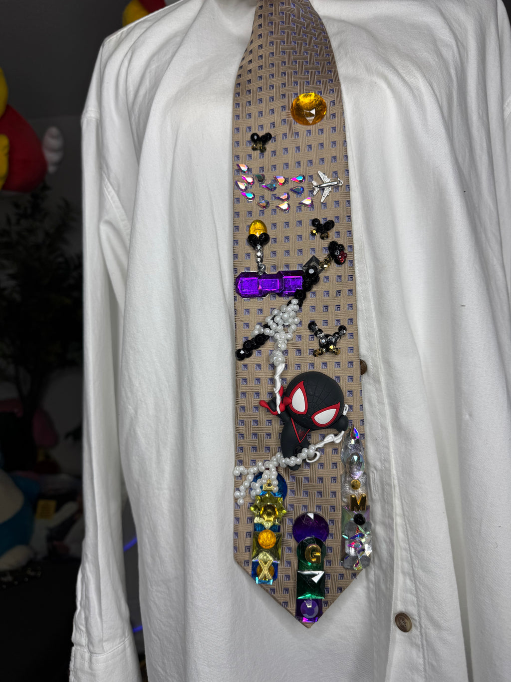Beige Miles Morales Webbing Himself to Side of Building Spiderman Tie