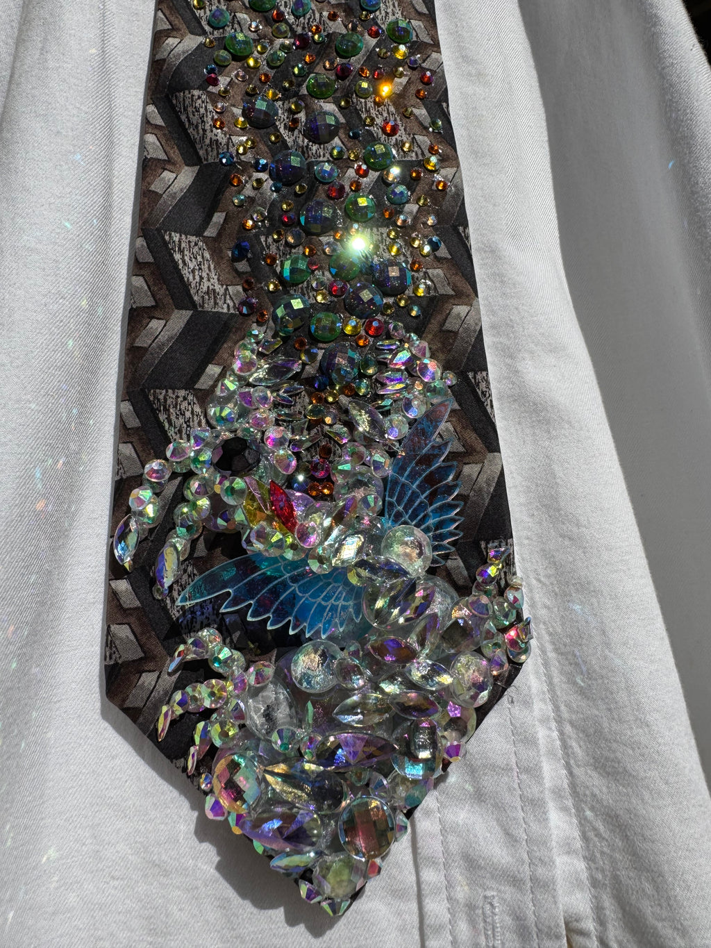 Grey Iridescent Dragon Spitting Rainbow Flames Royalty Tie