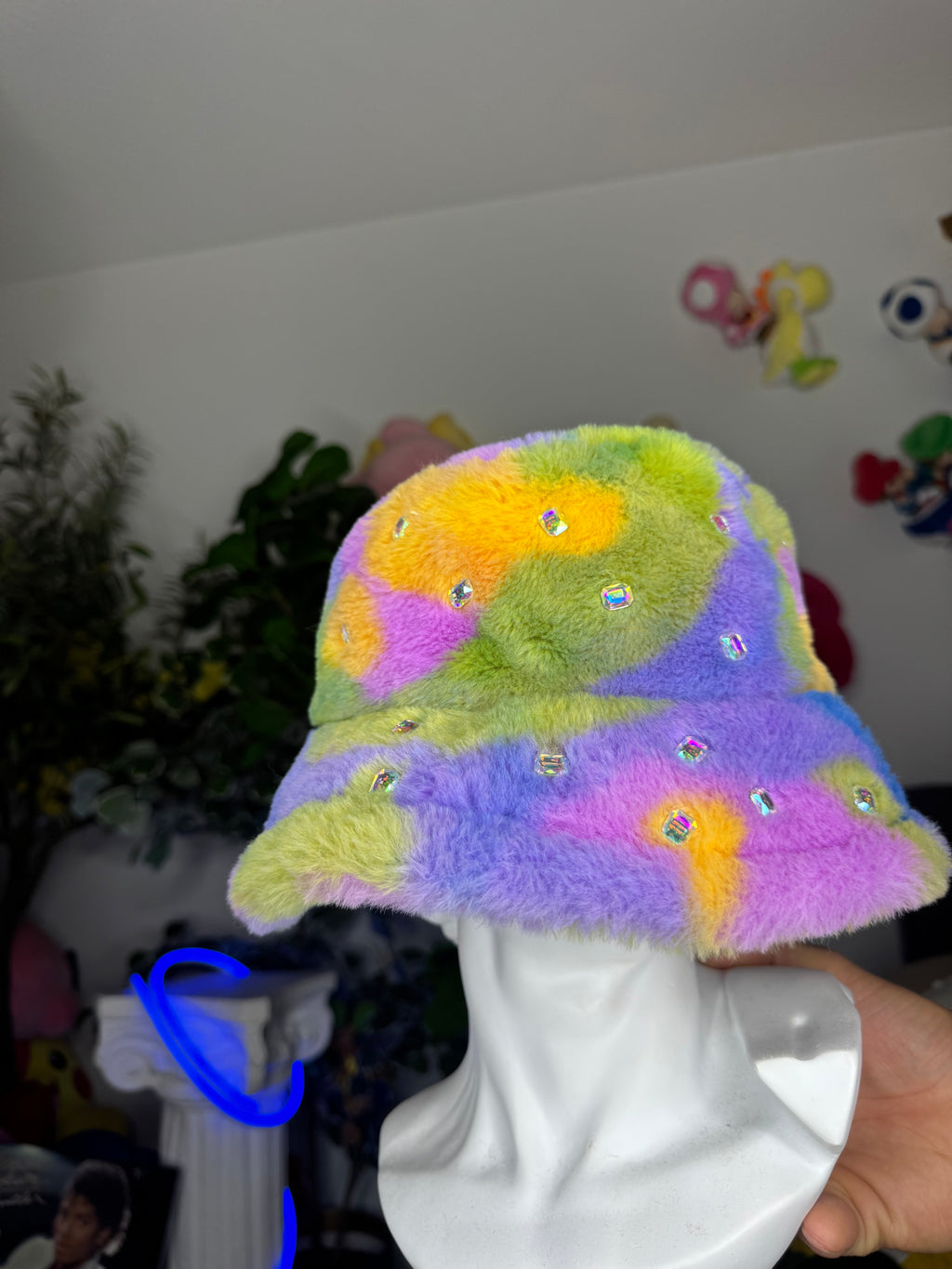 Marbled Neon Multicolored Fur Bucket Baguette Hat