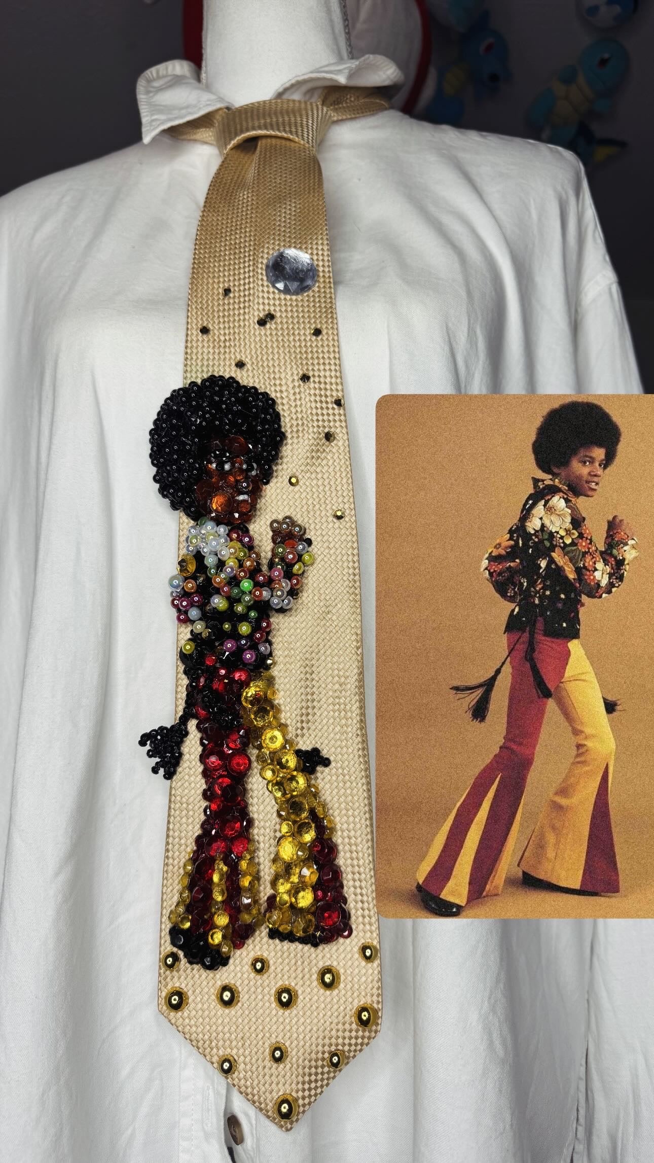 Yellow Michael Jackson Stand Pose Floral Polo and Bell Bottoms Photoshoot 1971 Tie