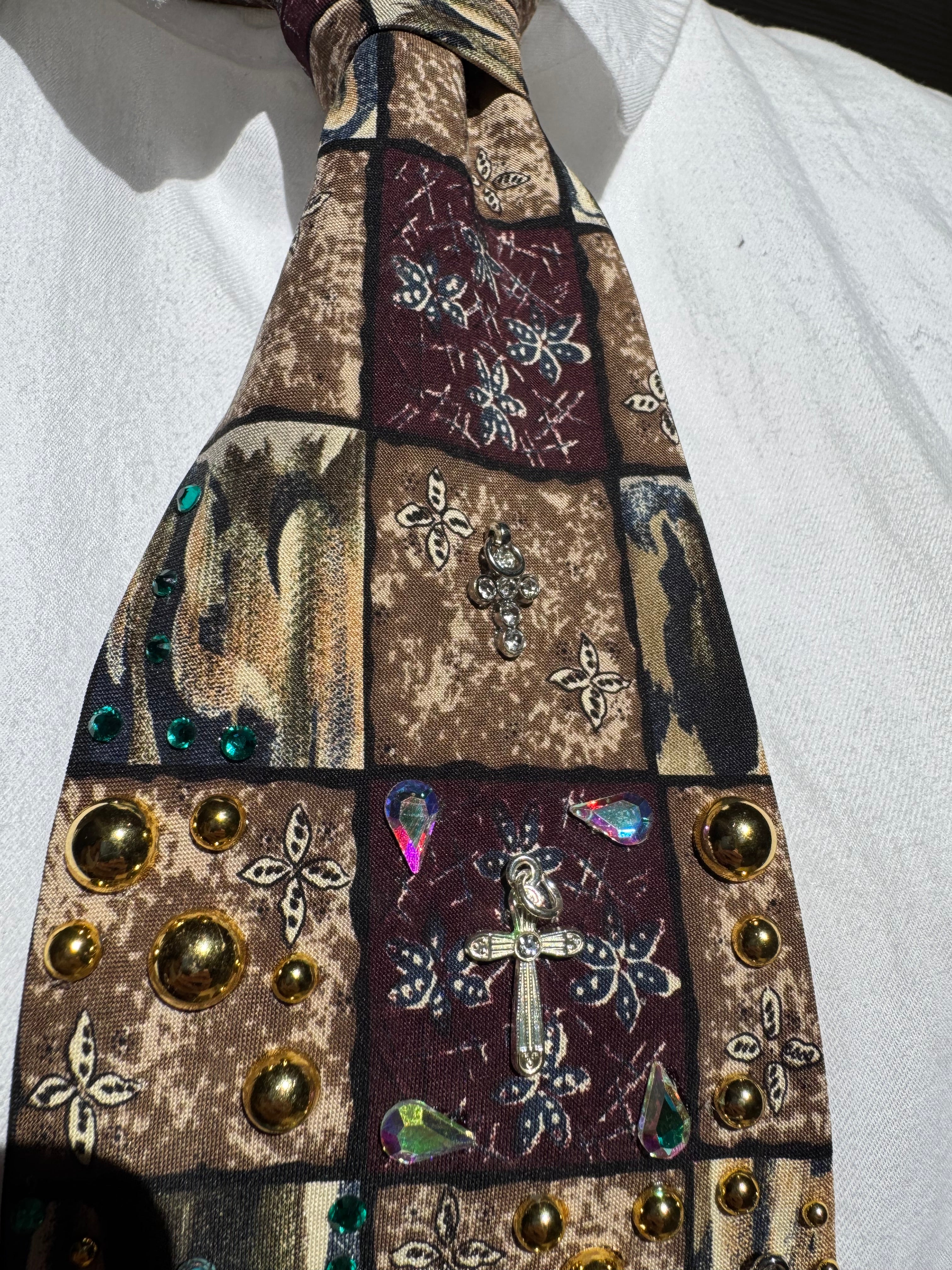Beige and Burgundy Checkered Winter Time Crosses Christmas Church Tie