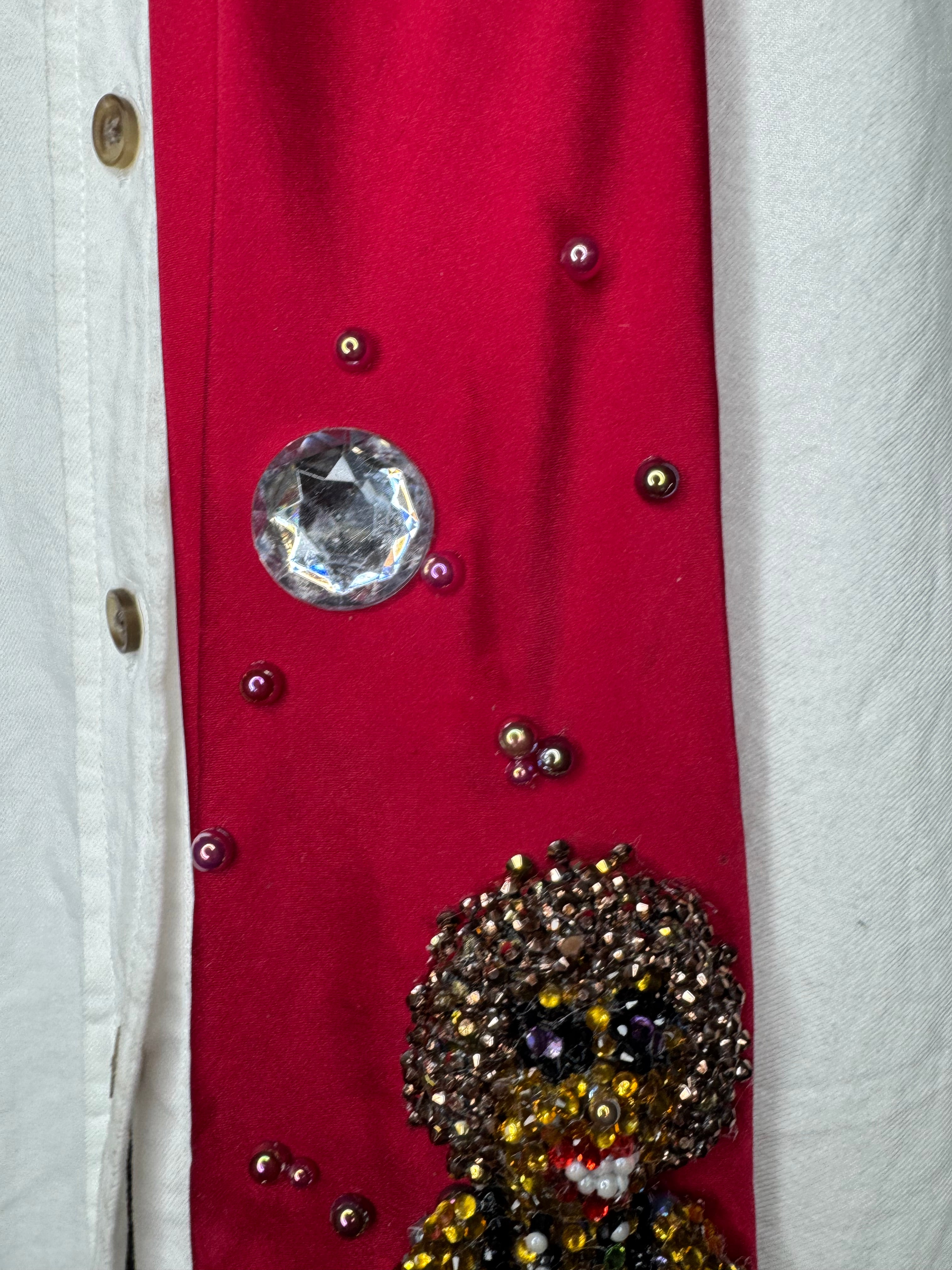 Red silk Whitney Houston with Hands Hip, Smiling with Jacket on Floor Photo shoot Tie