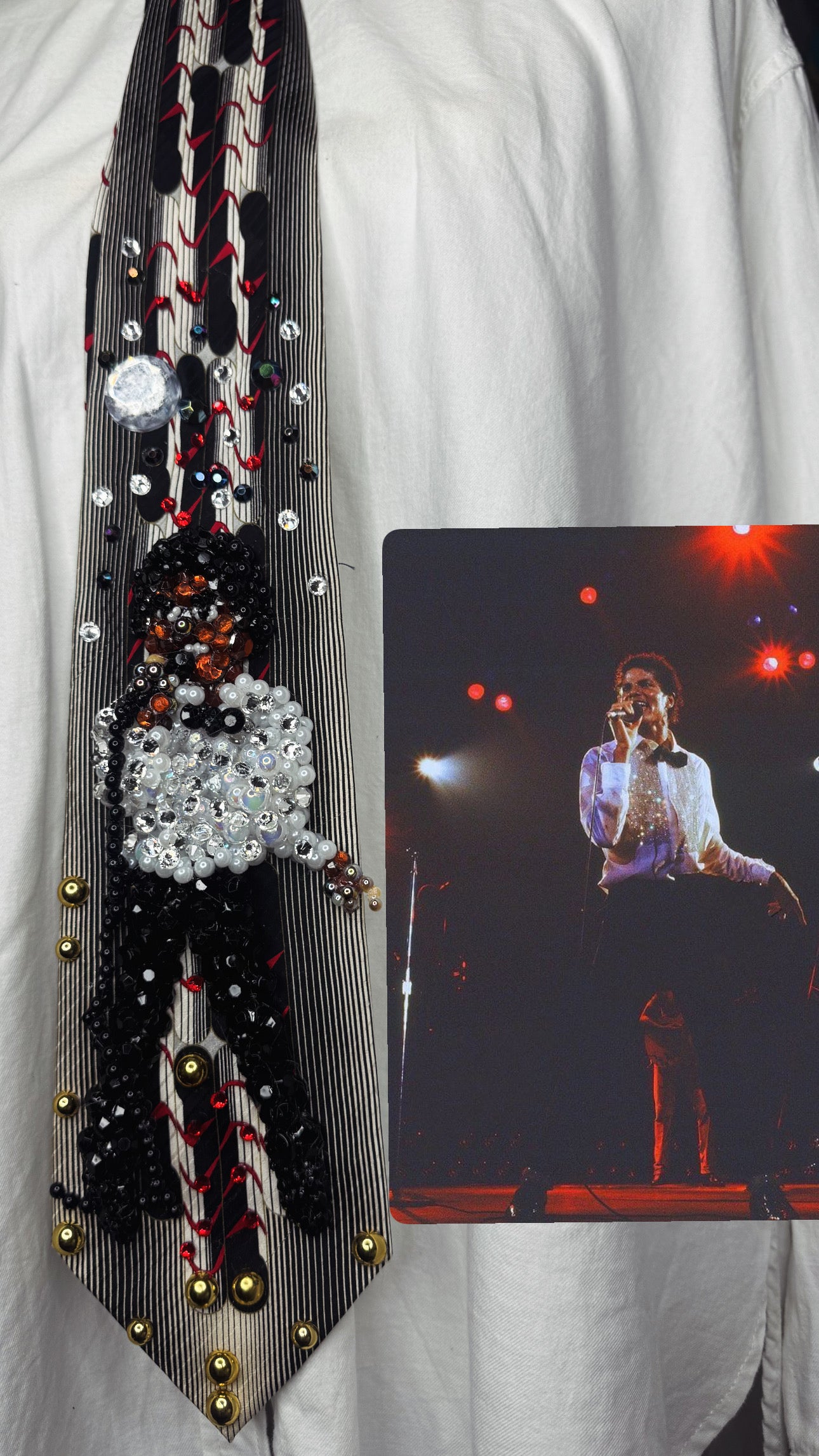 White and Black Michael Jackson Pointing Down Pose Destiny Tour 1979 Tie