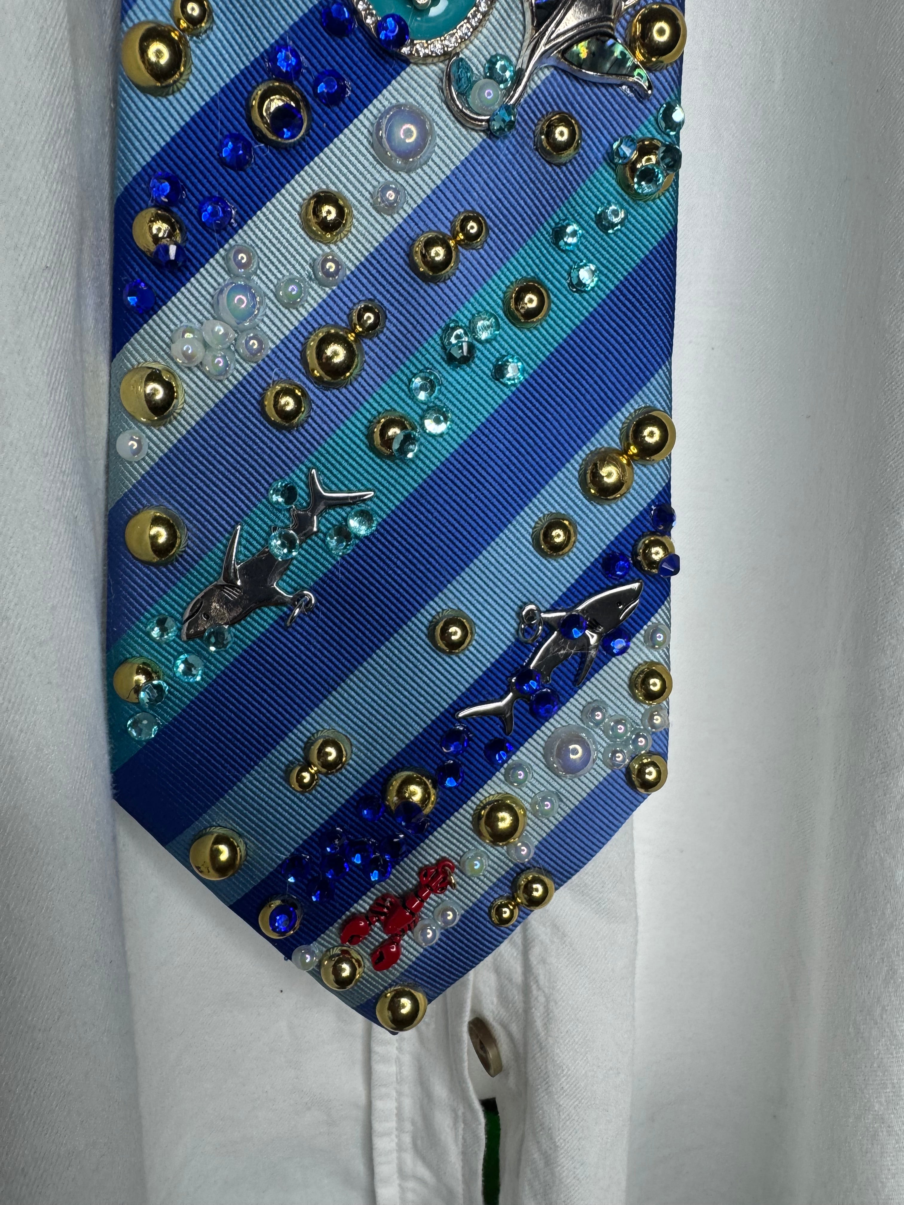 Tri-Tone Blue Striped Tropical Treasure Box Royalty Tie