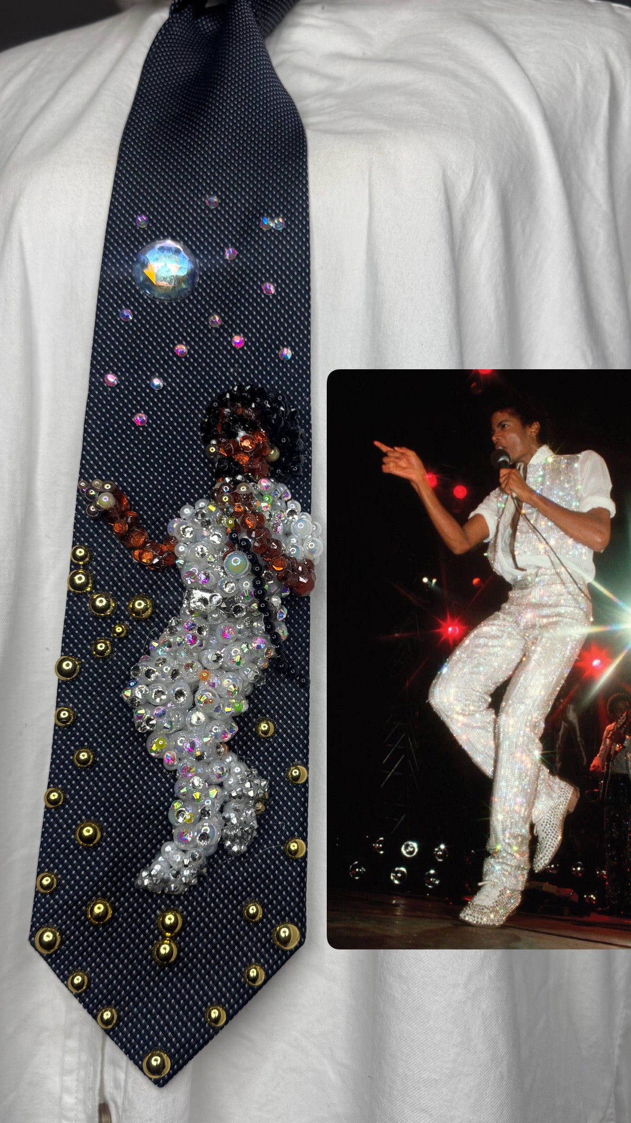 Navy Blue Michael Jackson Pointing Pose All White Rhinestones Outfit Triumph Tour 1979 Tie
