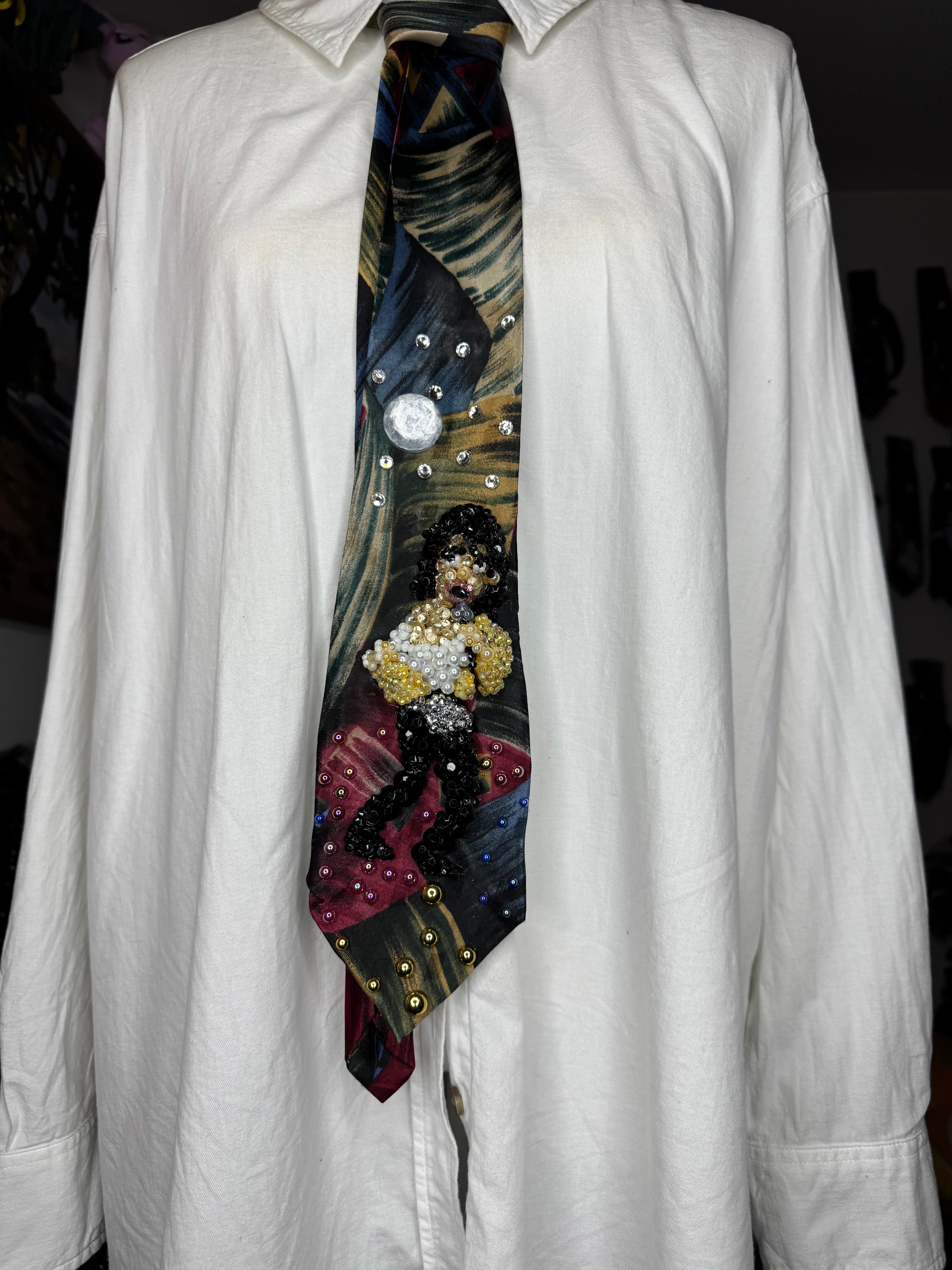 Multicolored Marbled Michael Jackson Throwing Shirt & Jacket Back in Come Together Music Video Tie
