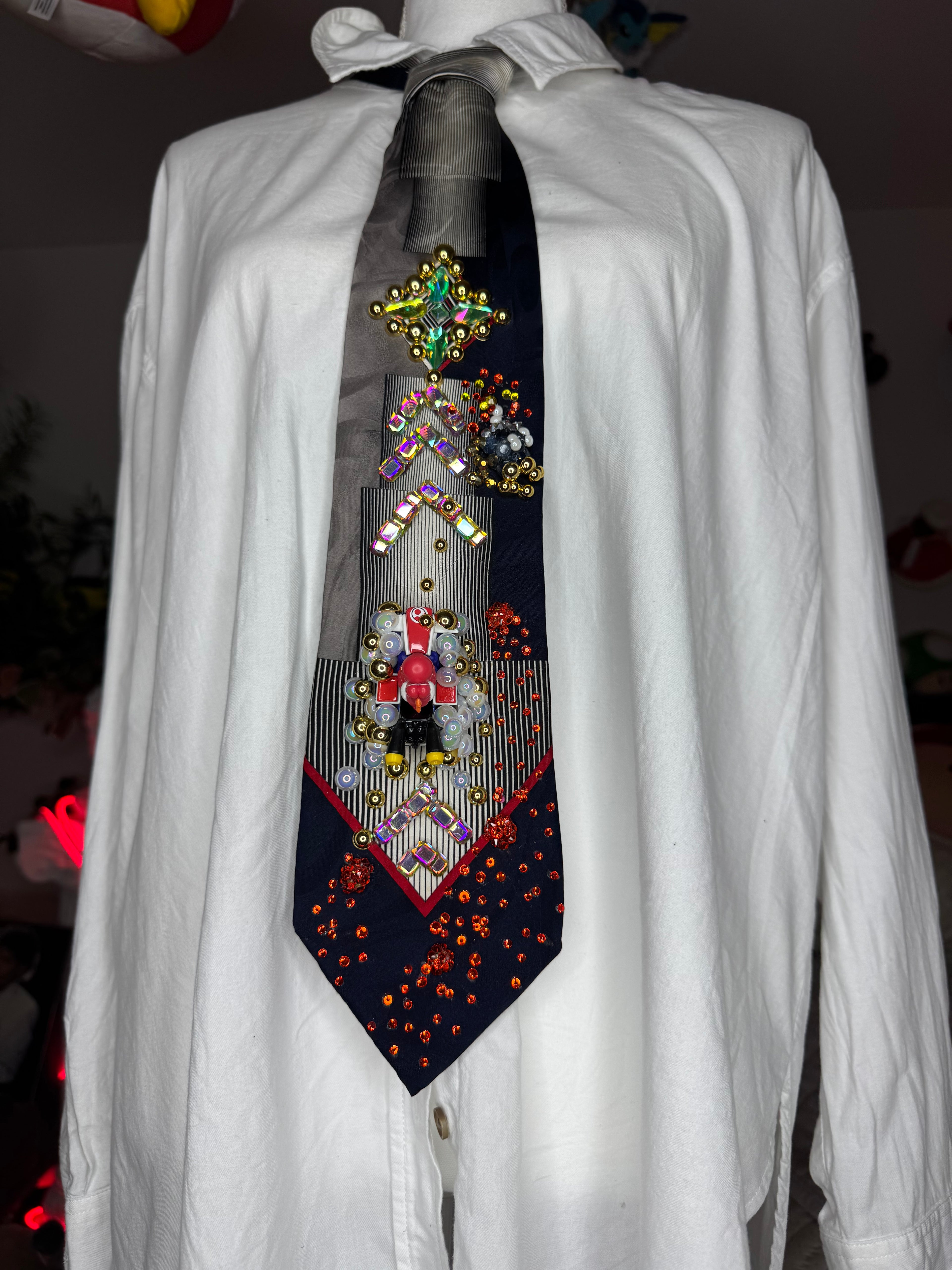 Navy Blue and Grey Red Yoshi Throwing Bobomb Down Escalator Track 200cc Mario Kart Tie