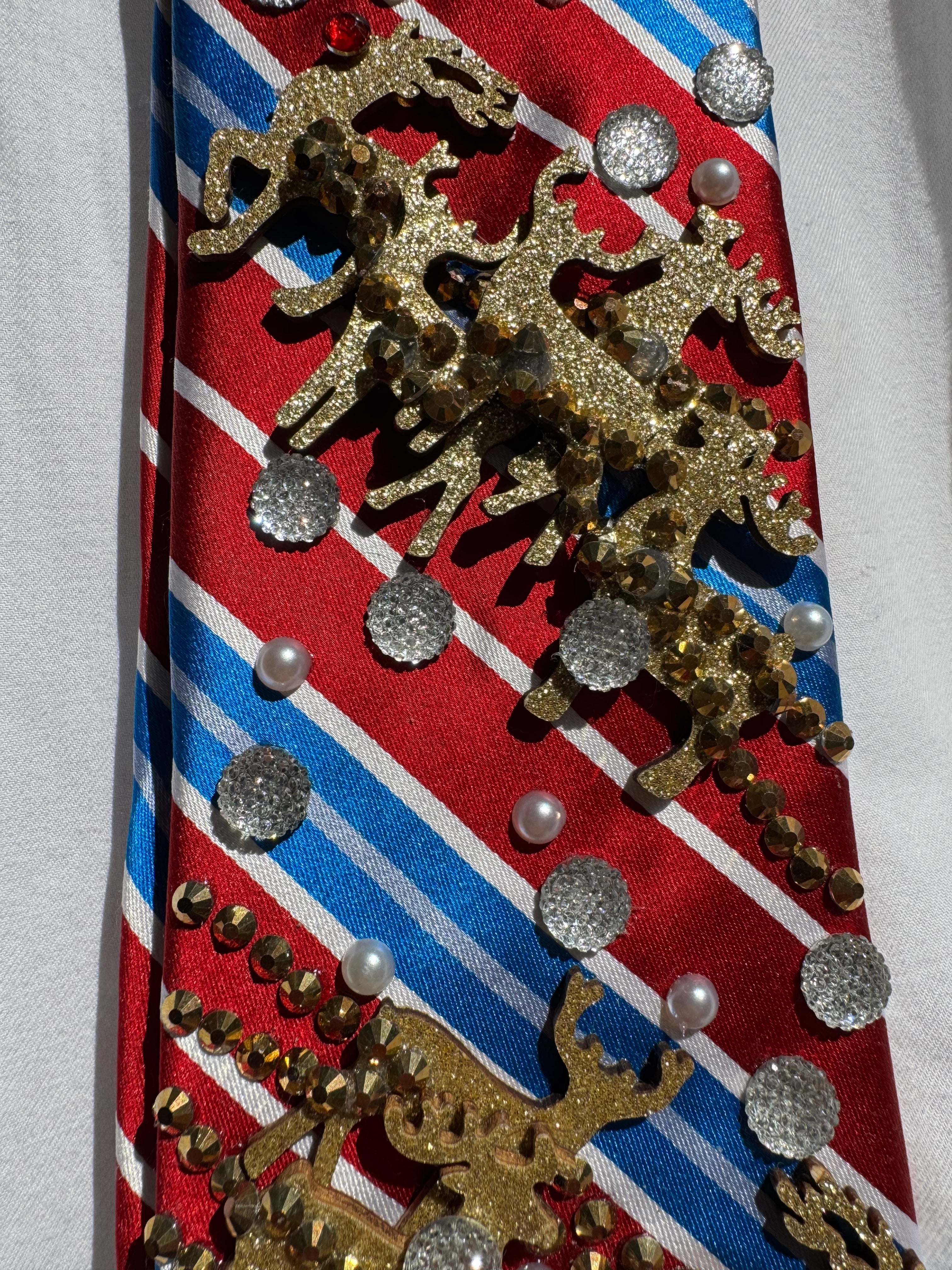 Red and Blue Striped Rudolf and the Reindeers Sleighing By Christmas Tie