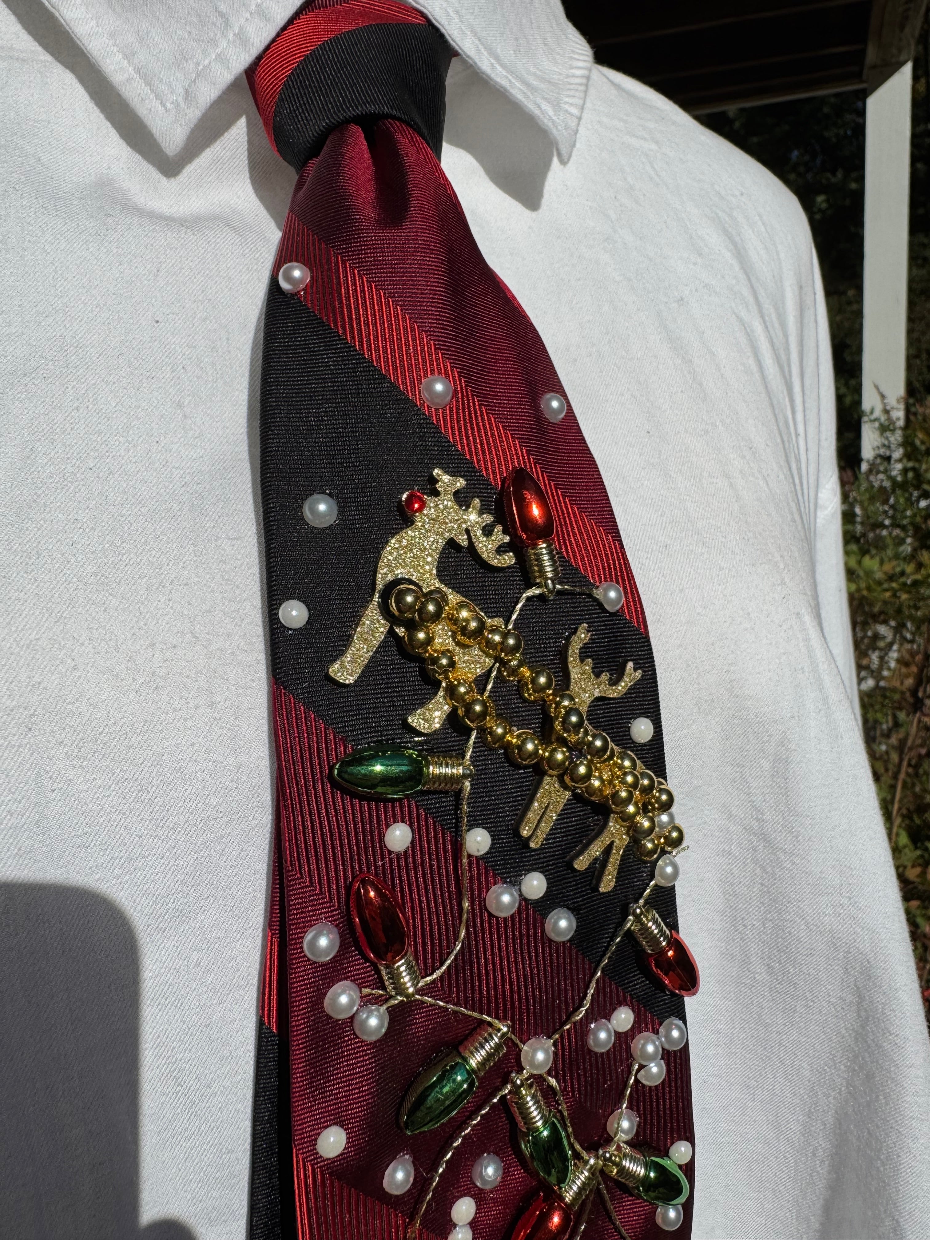 Red and Black Striped Smiley Santa Face Christmas Tie
