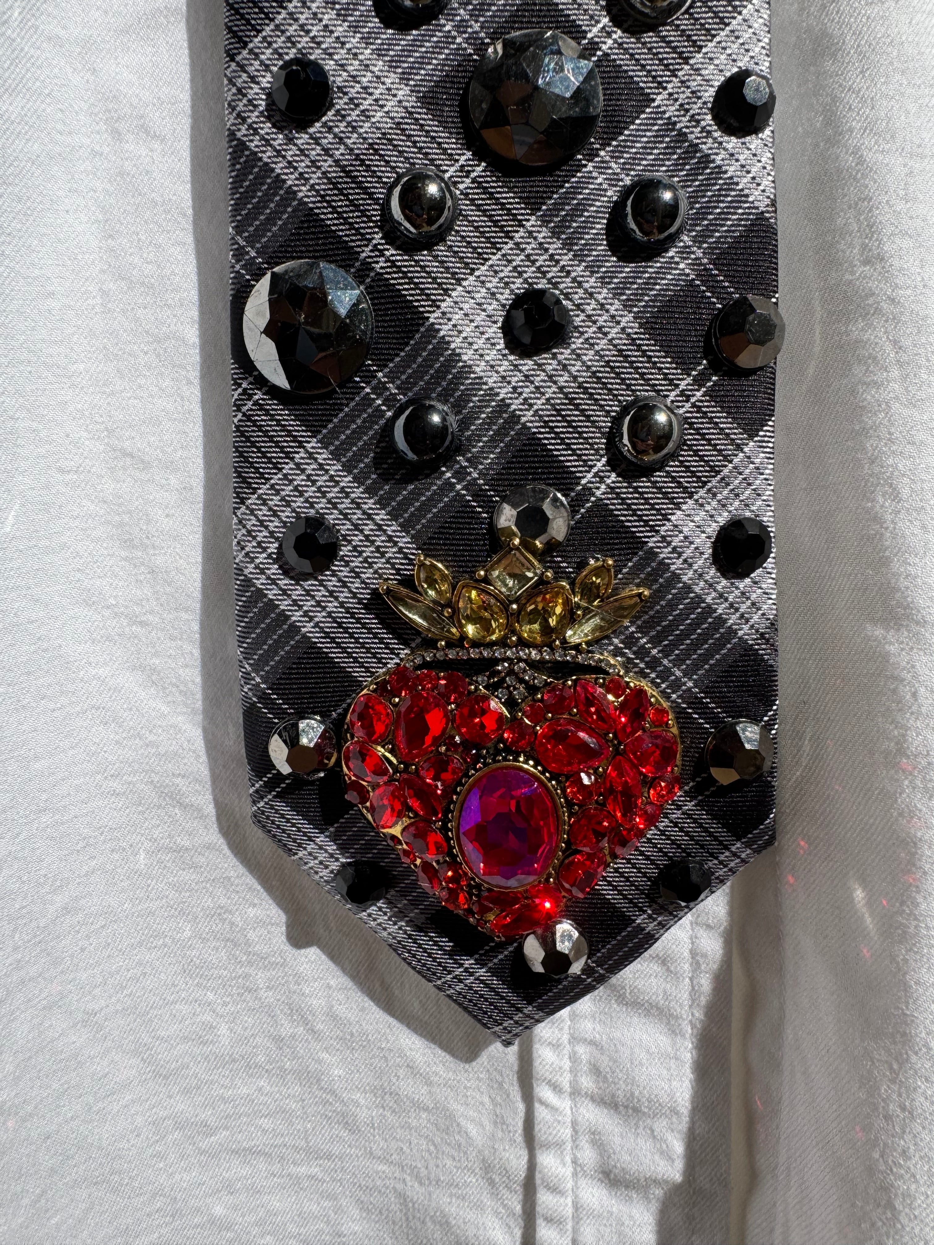 Grey and Black Plaid King of Hearts High Class Royalty Tie