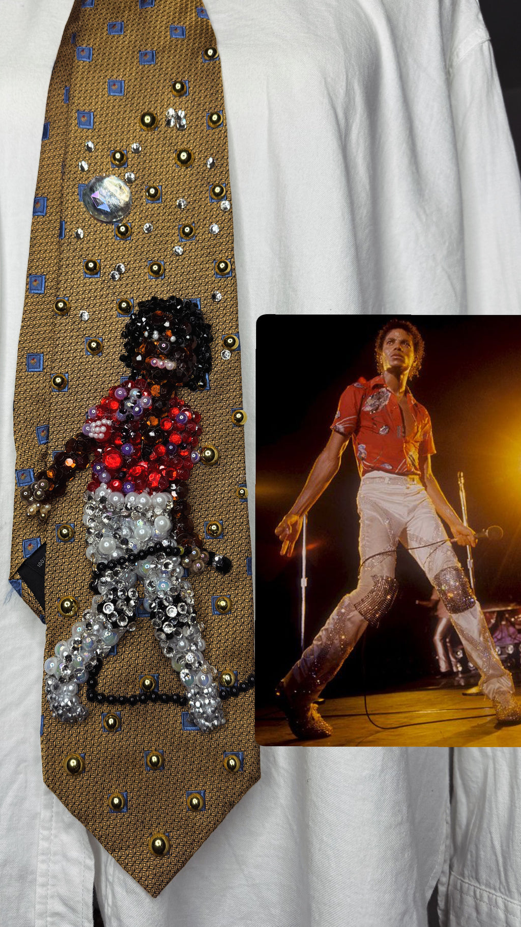 Gold Michael Jackson Holding Mic Pose Red Polo on Destiny Tour 1981 Tie