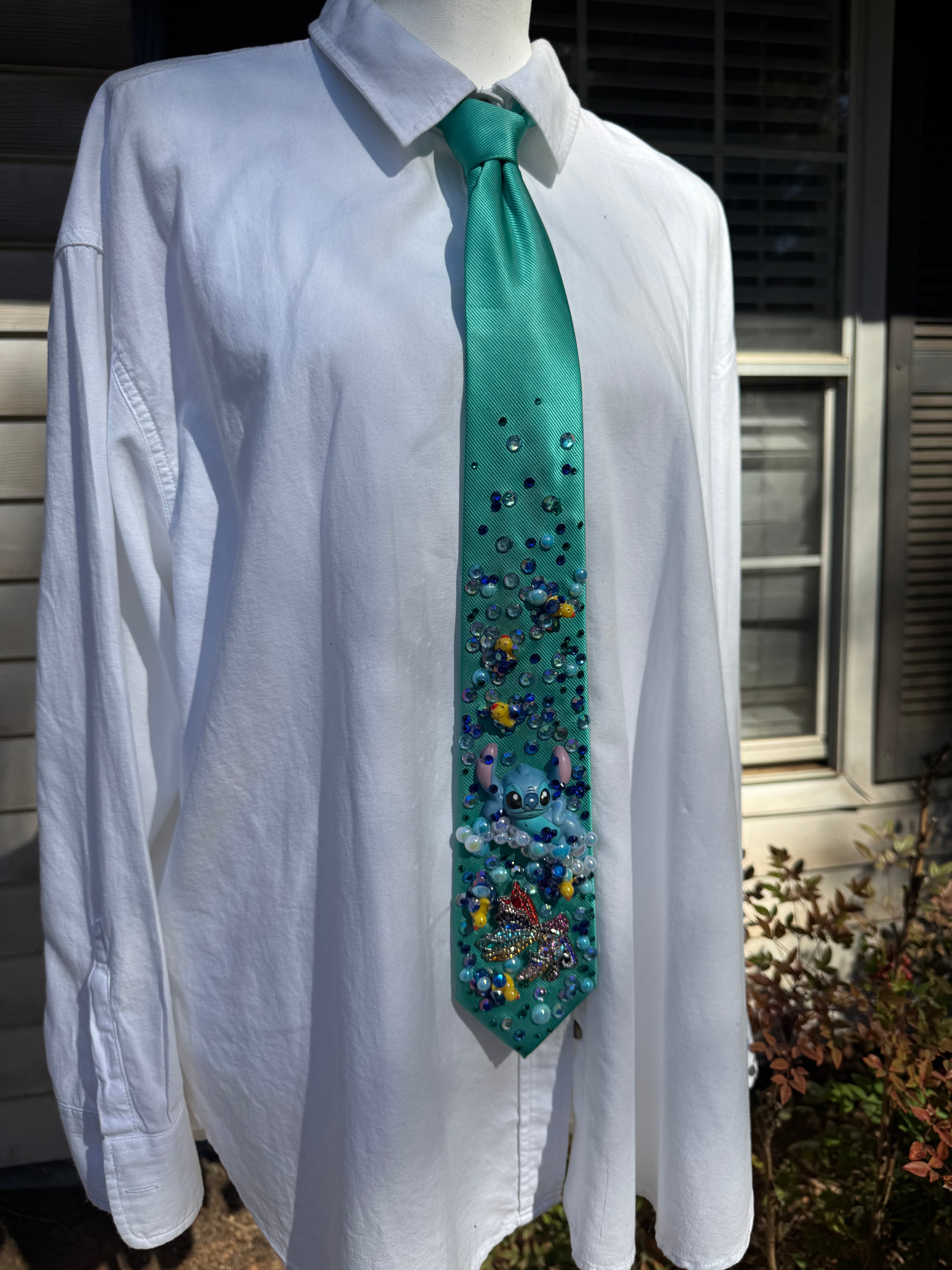 Coral Blue Stitch Swimming In Pond With Rainbow Koi and Ducks Tie
