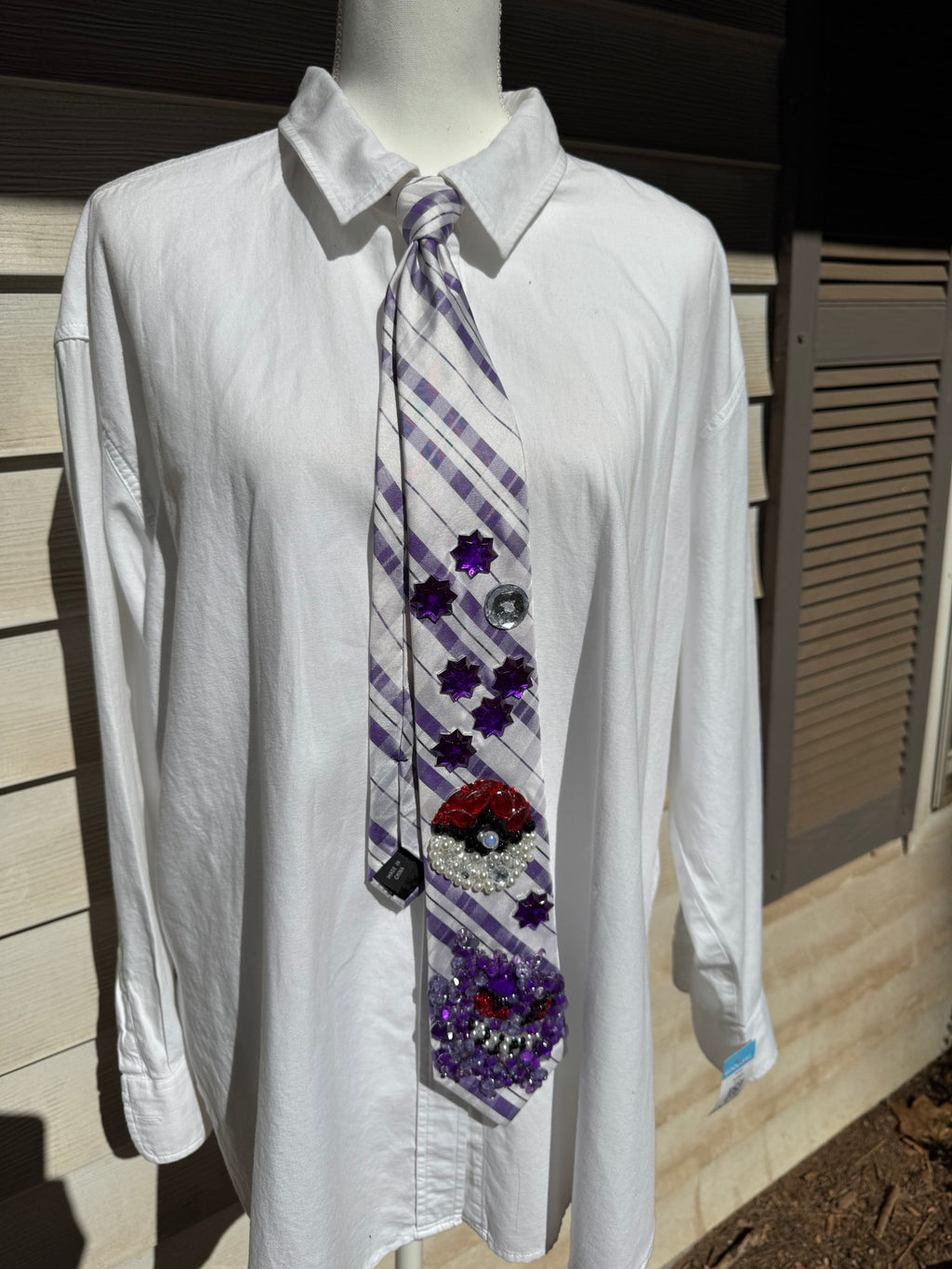 White and Purple Plaid Gengar And Pokeball Pokemon Tie