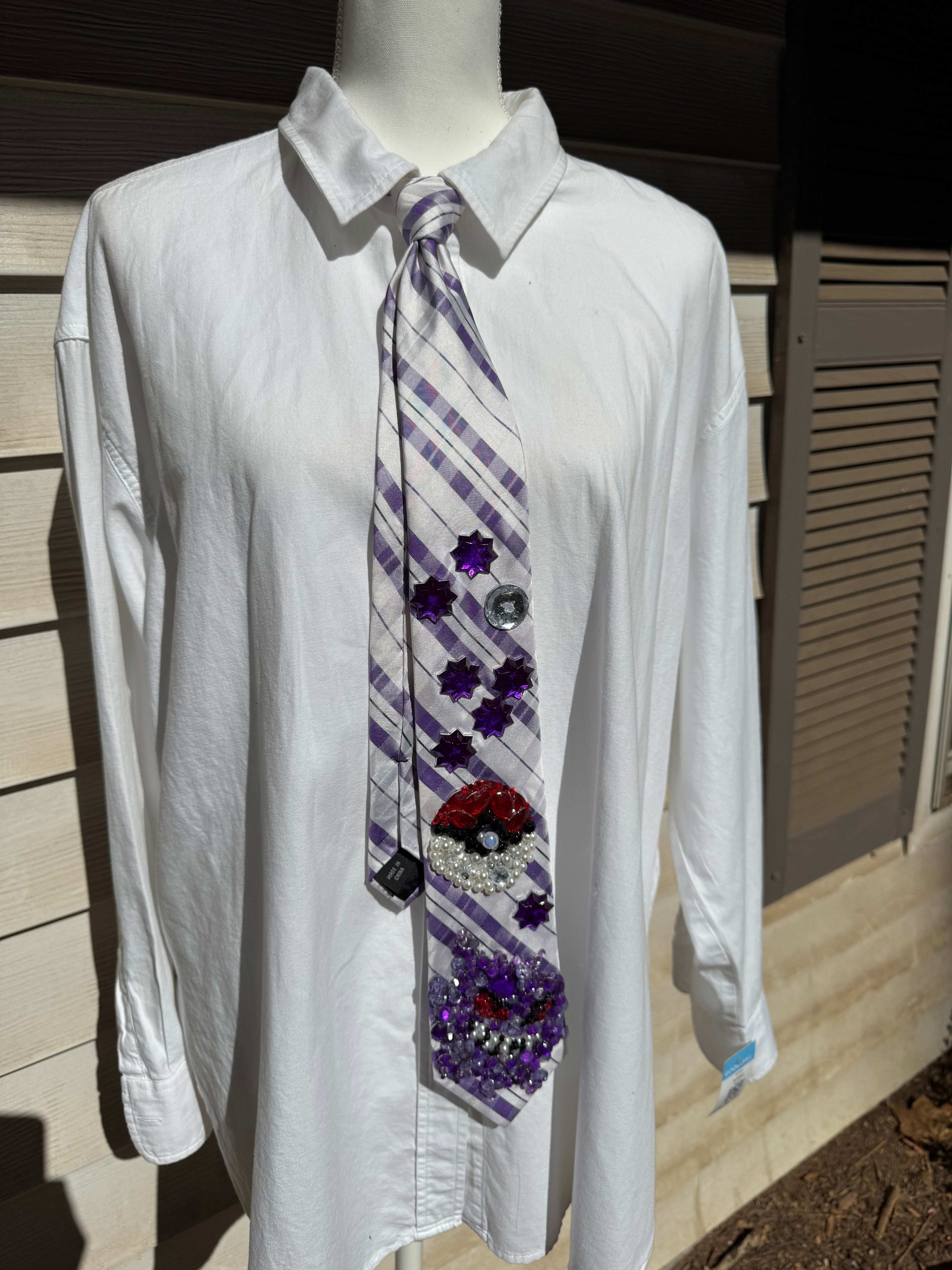 White and Purple Plaid Gengar And Pokeball Pokemon Tie