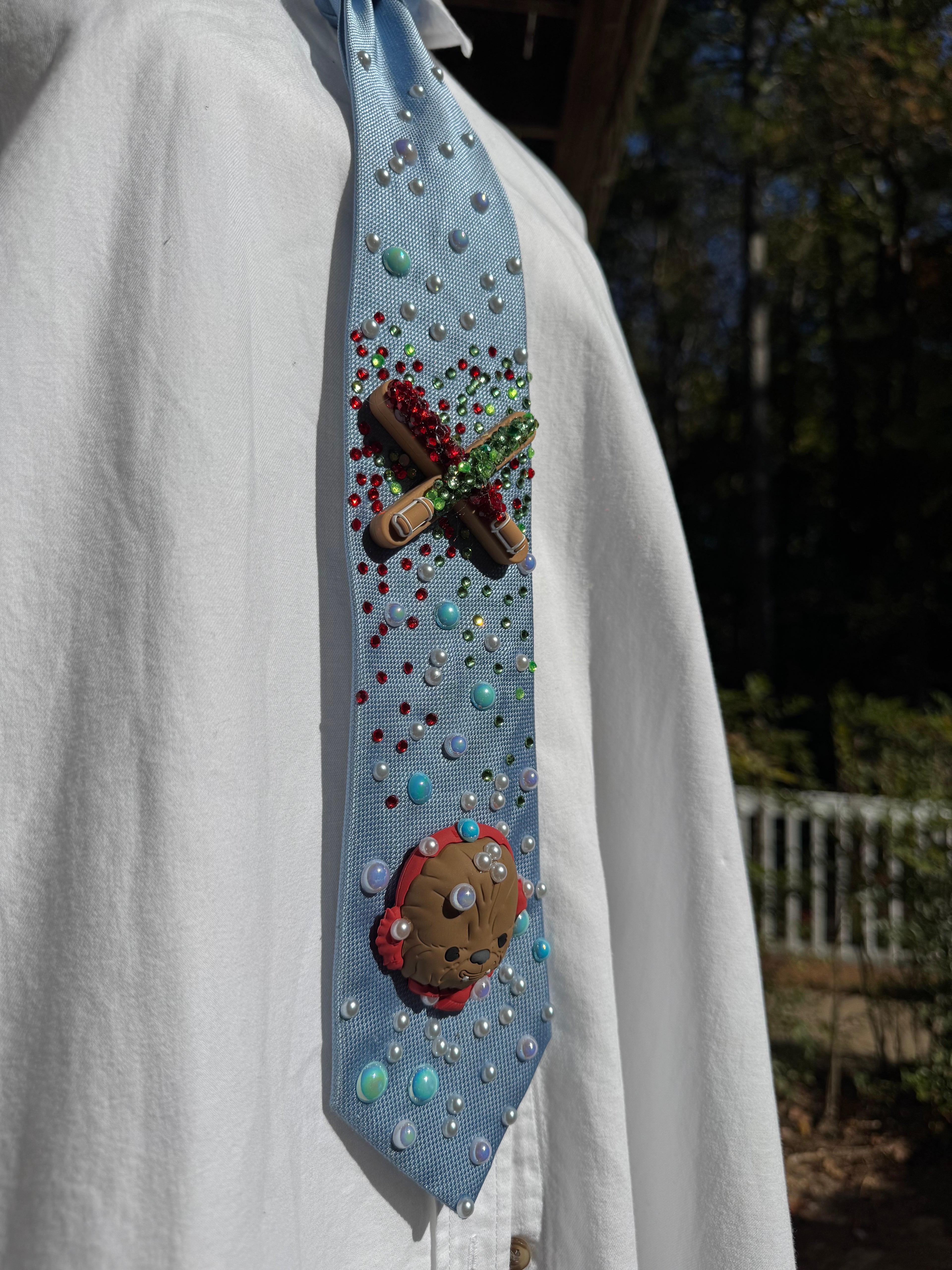 Light Blue Chewbacca Under Christmas Lightsabers Star Wars Tie