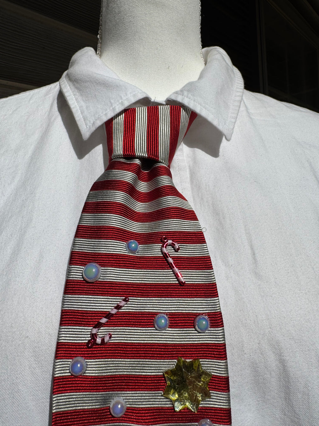 Red and White Pinstriped Candy Cane Candy Fountain Showering Stitch Christmas Tie
