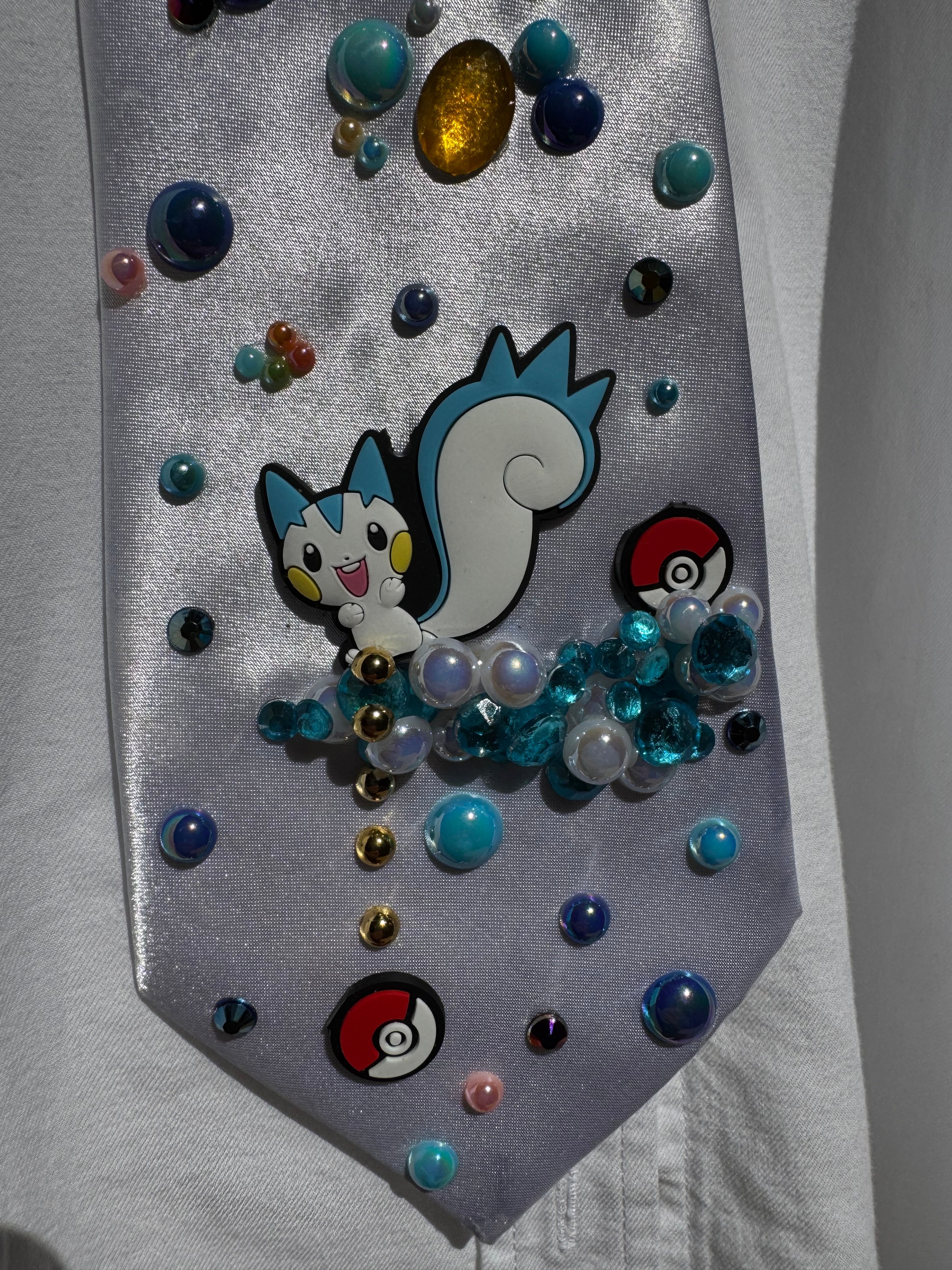 White Silk Pikachu and Pachirshu Playing on Pearl Clouds Pokemon Anime Tie