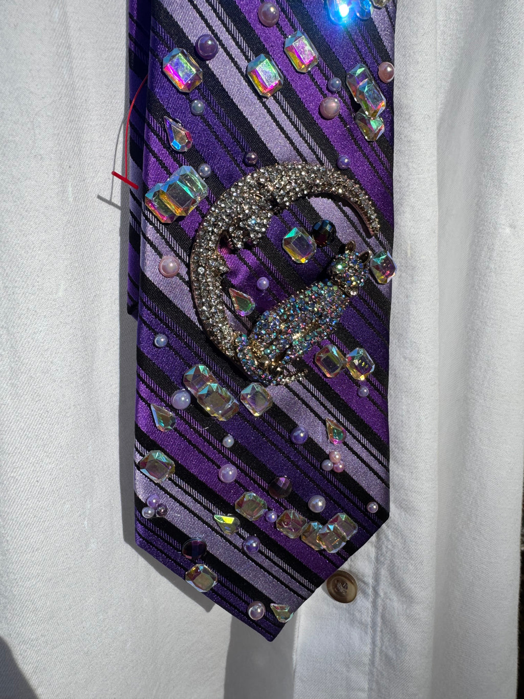 Purple Striped Cat on Moon in Baguette Space Royalty Tie