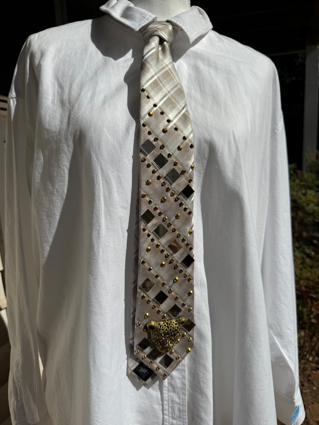 Beige and White Plaid Jagaur Luxurious Futuristic Royalty Tie