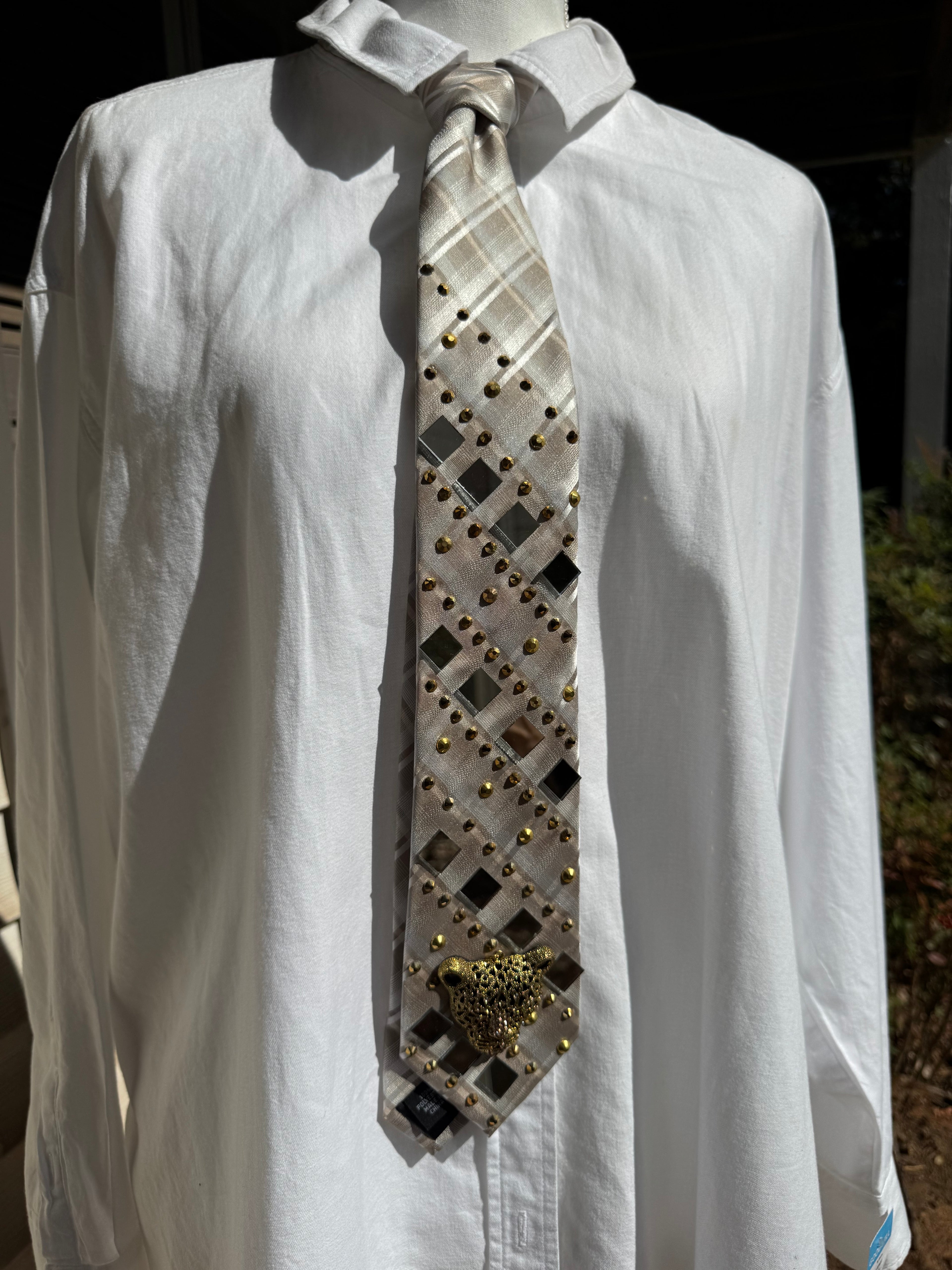 Beige and White Plaid Jagaur Luxurious Futuristic Royalty Tie
