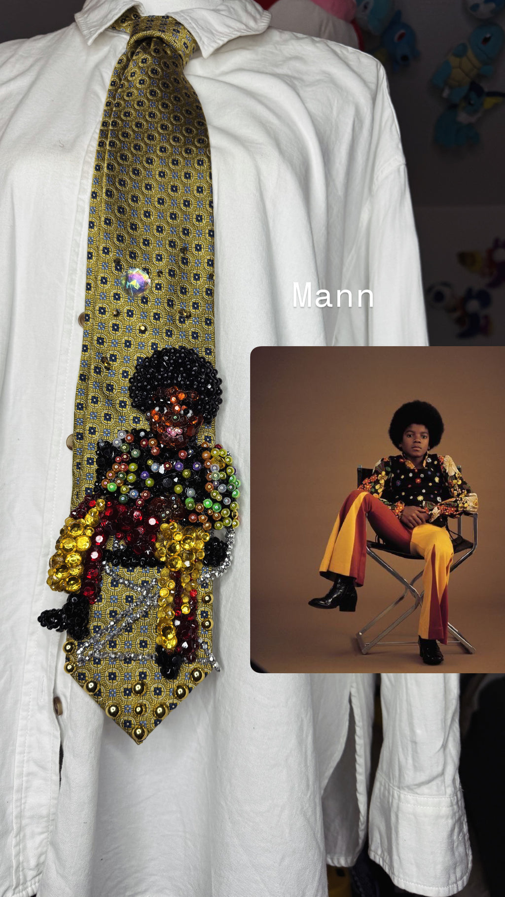Yellow Young Michael Jackson Floral Polo and Bell Bottoms Posing in Chair Photoshoot 1971 Tie